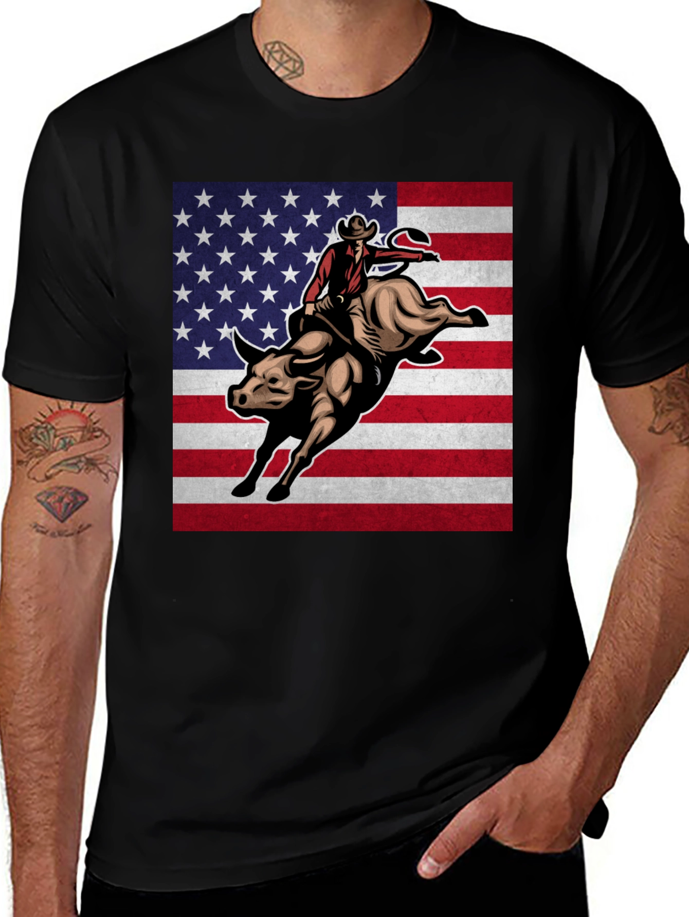 Rodeo Bull Rider USA Flag Graphic T-Shirt