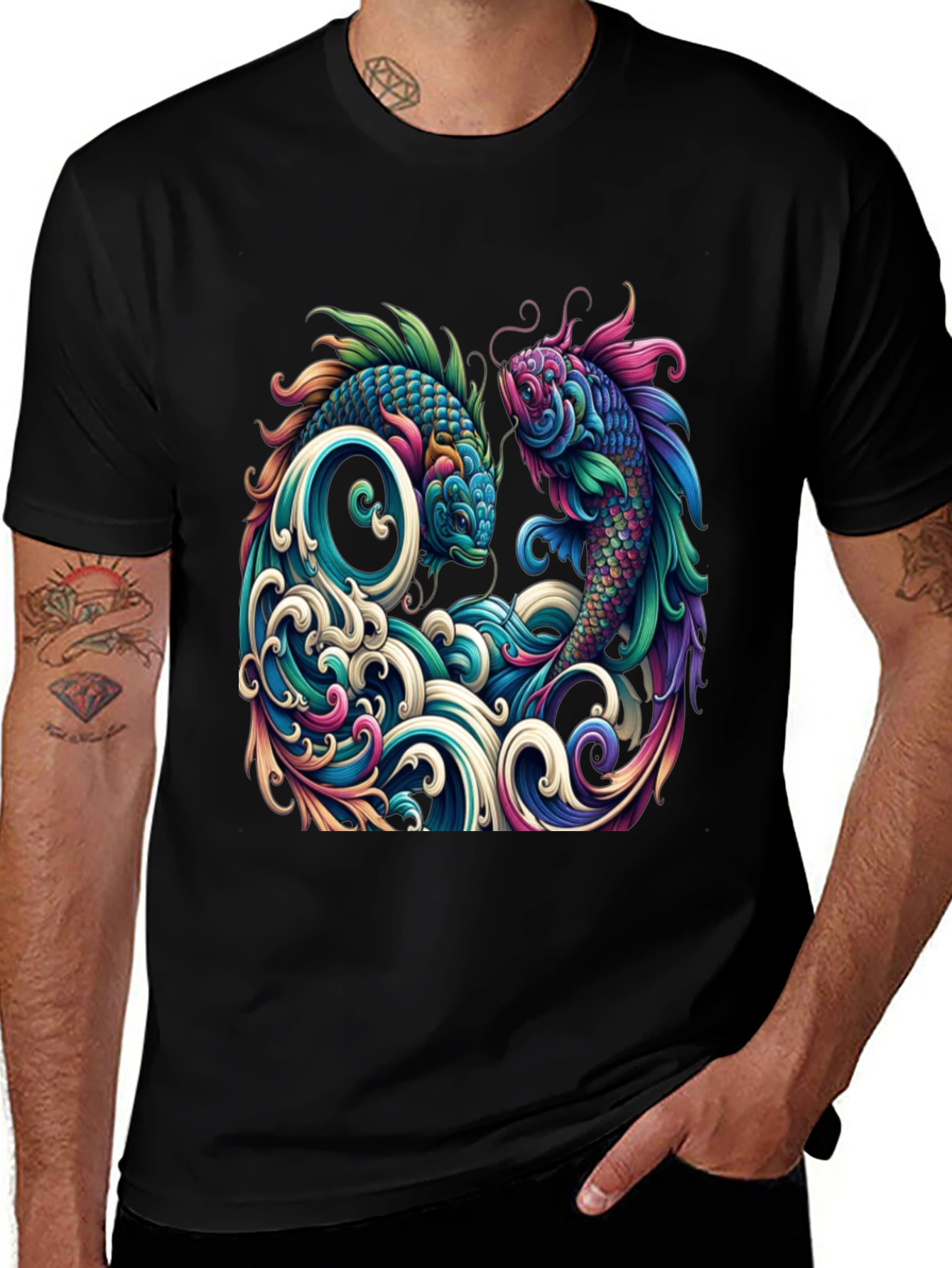 Variant 10 of Koi Fish Graphic Tee - Artistic Black T-Shirt