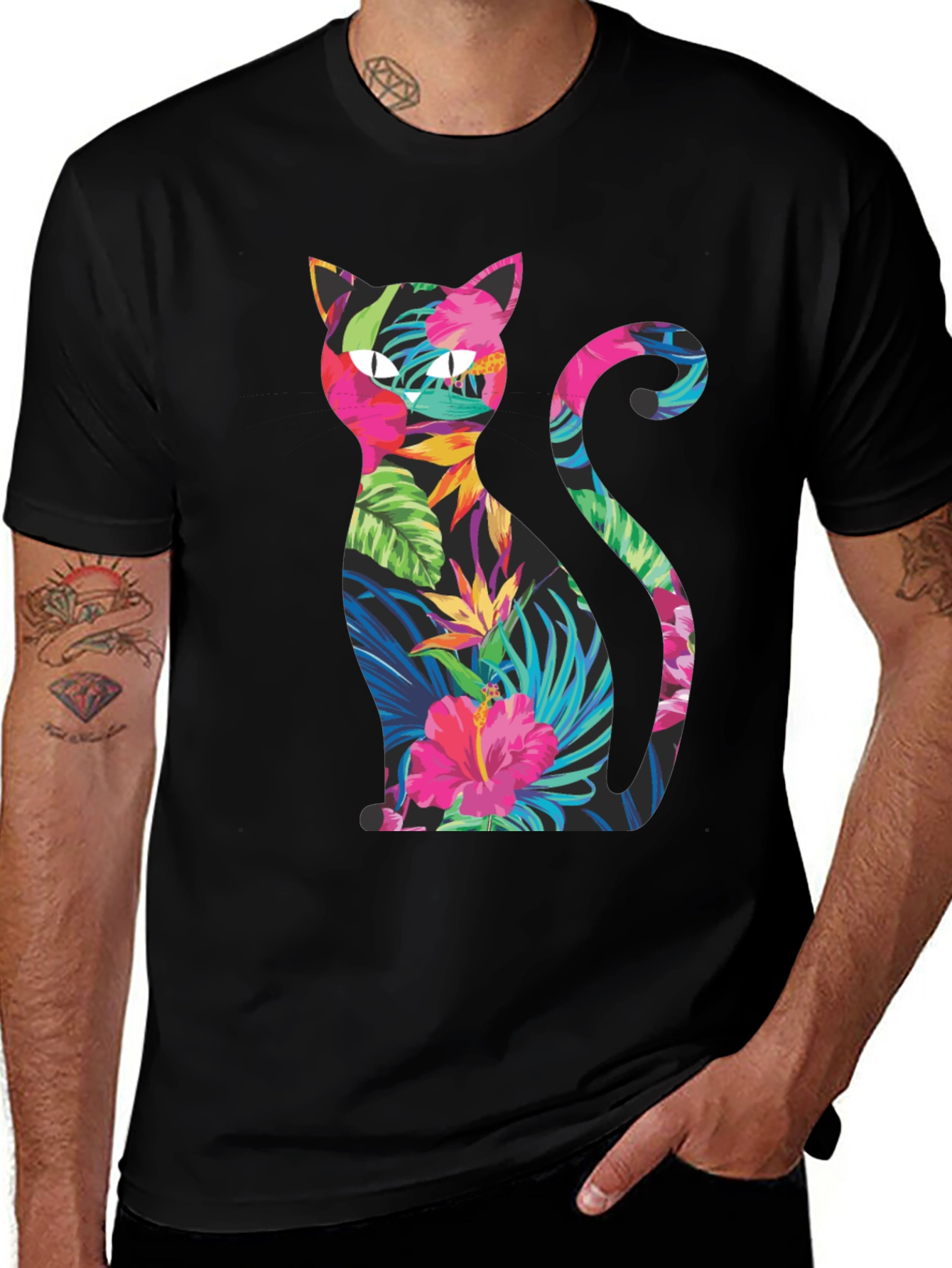 Variant 4 of Floral Cat Graphic Black T-Shirt