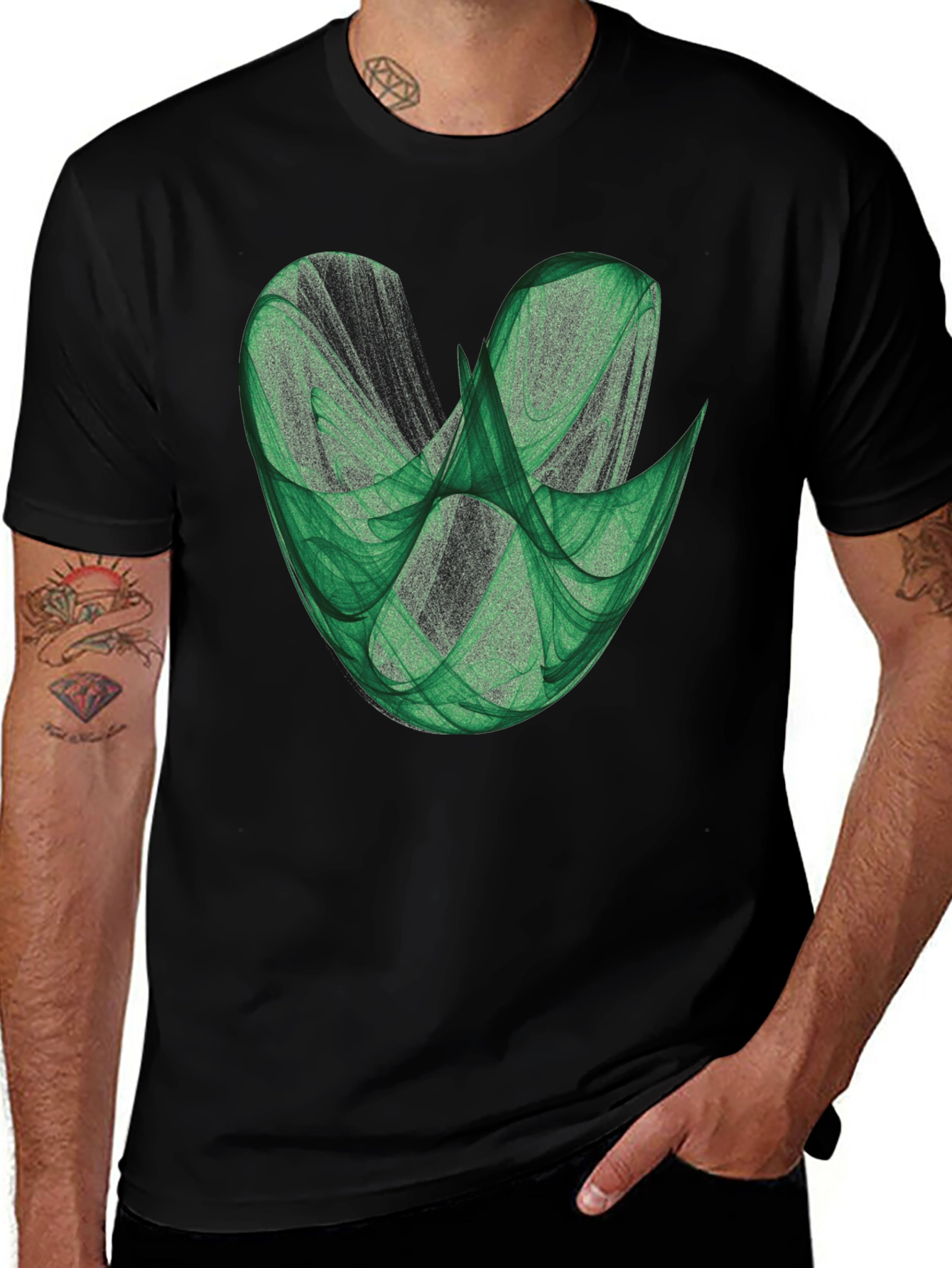 Abstract Green Fractal Design on Black T-Shirt
