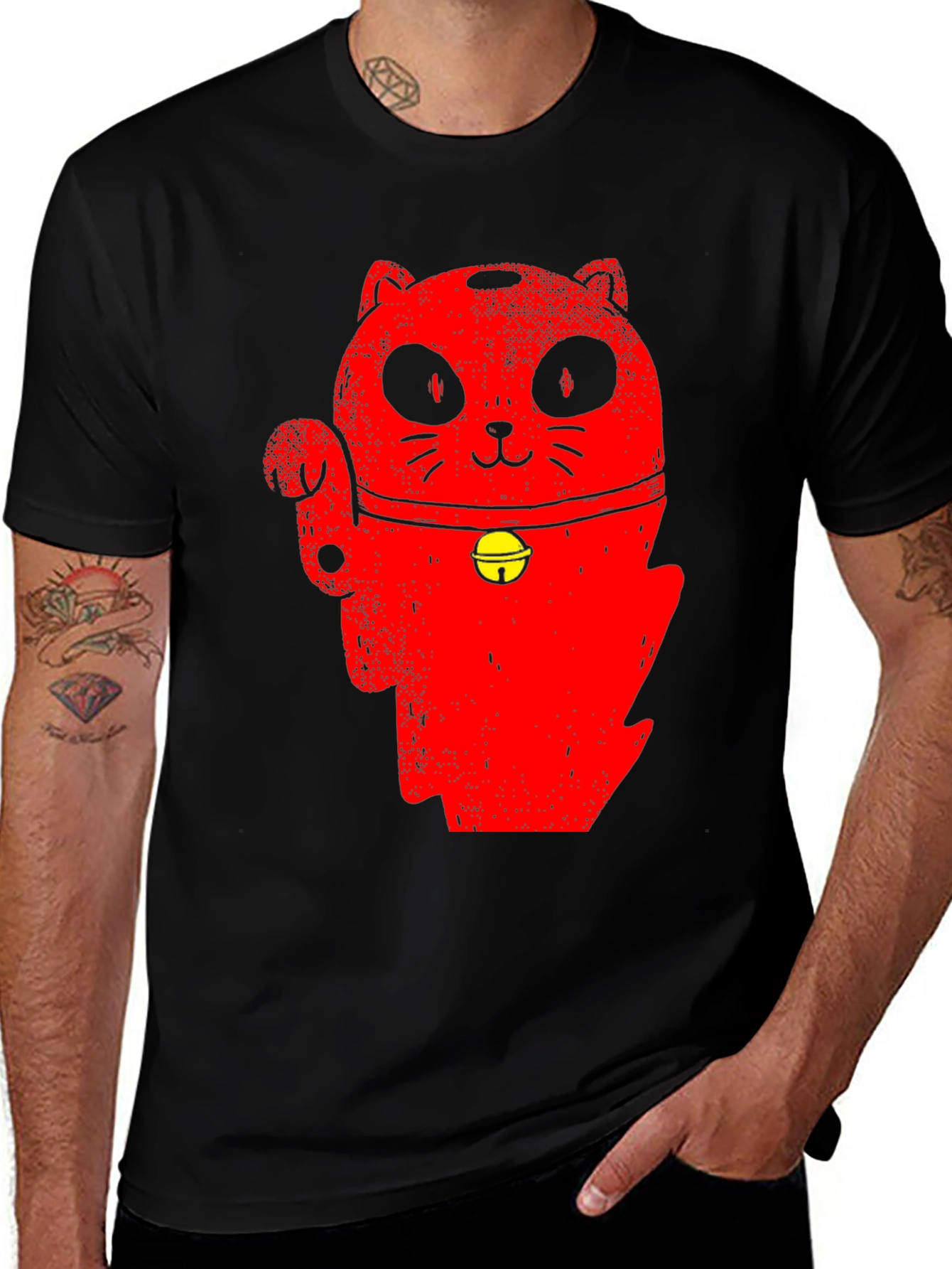 Lucky Cat Graphic Tee - Black Cotton Casual Wear