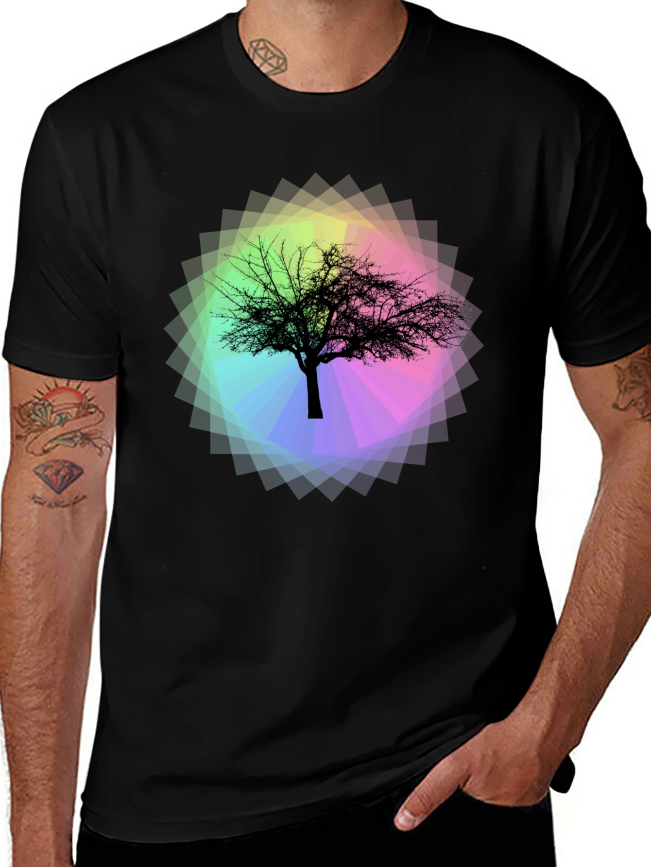 Variant 5 of Tree Silhouette on Rainbow Prism Tee