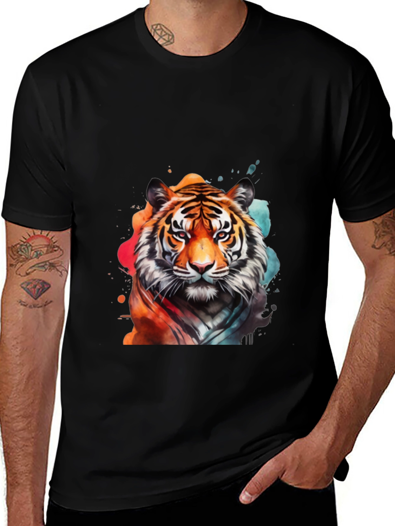 Variant 4 of Watercolor Tiger Graphic Tee - Stylish Men's Black T-Shirt
