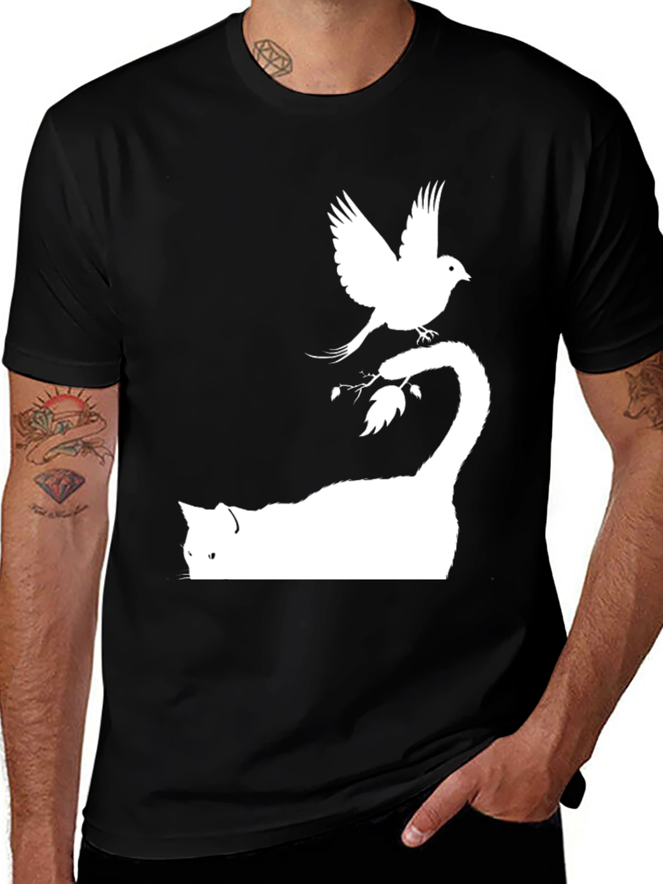 Variant 19 of Cat & Bird Graphic Tee - Cool Men's Black T-Shirt