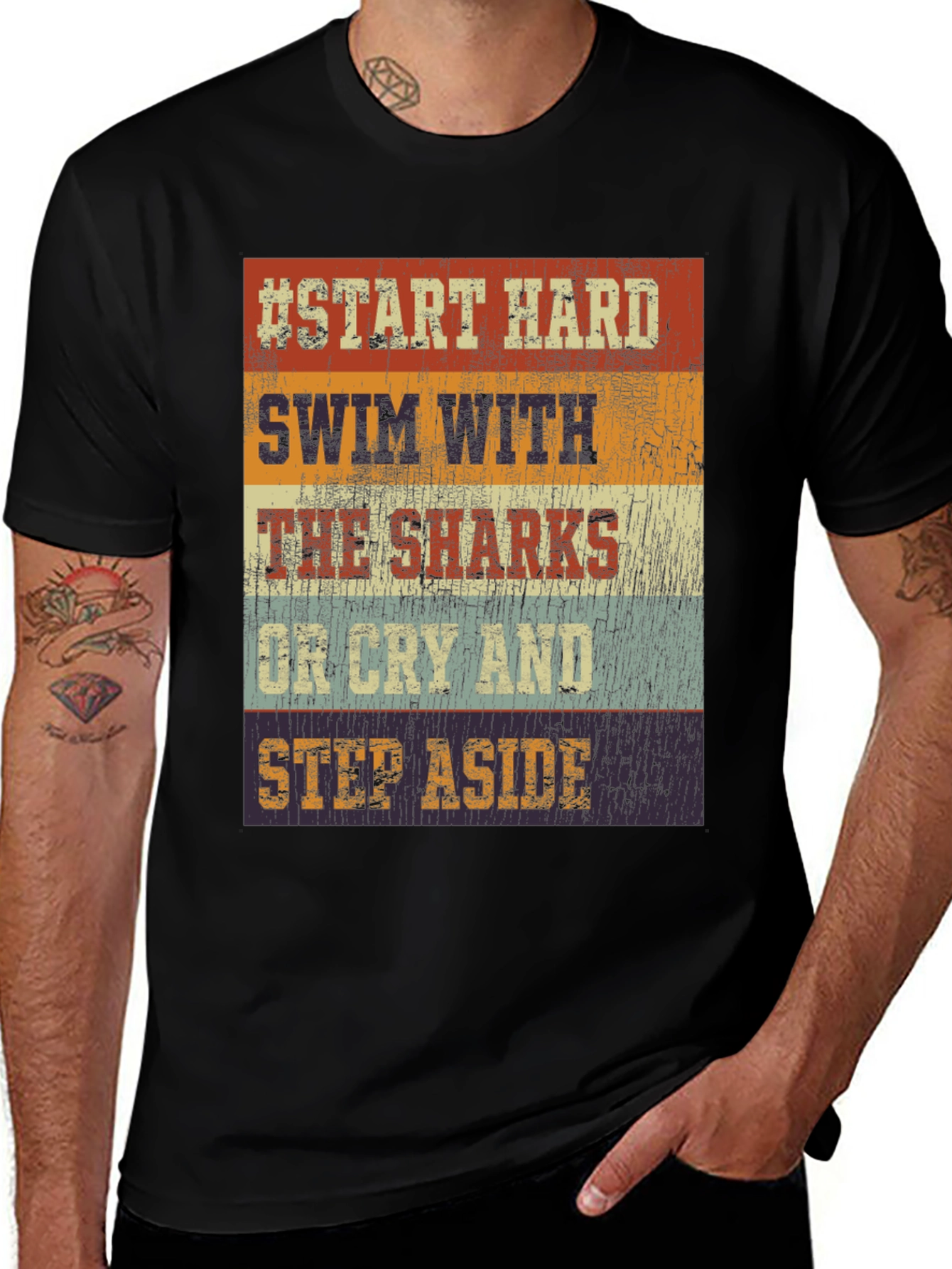 Variant 24 of Start Hard Swim Sharks T-Shirt - Retro Design
