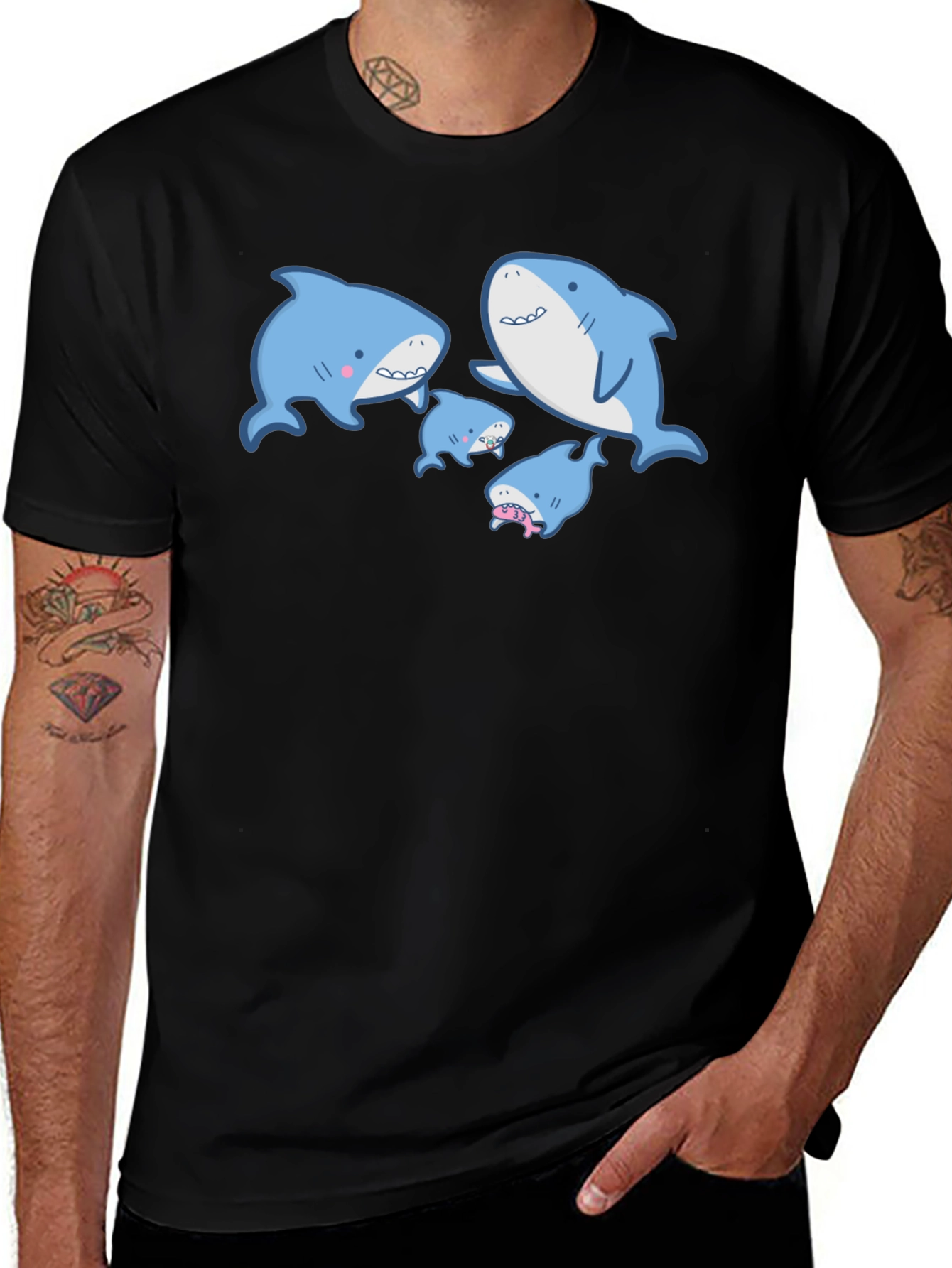 Variant 8 of Shark Family Graphic Tee - Black Cotton T-Shirt