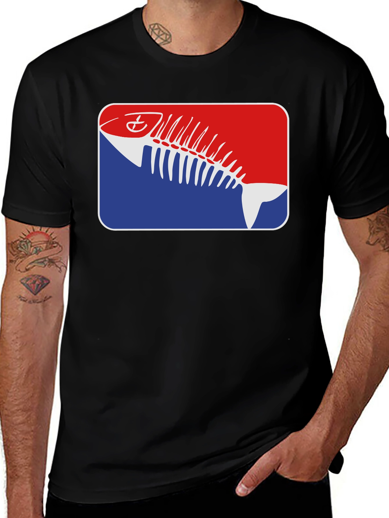 Variant 11 of Funny Fish Skeleton T-Shirt - Red, White & Blue Graphic Tee