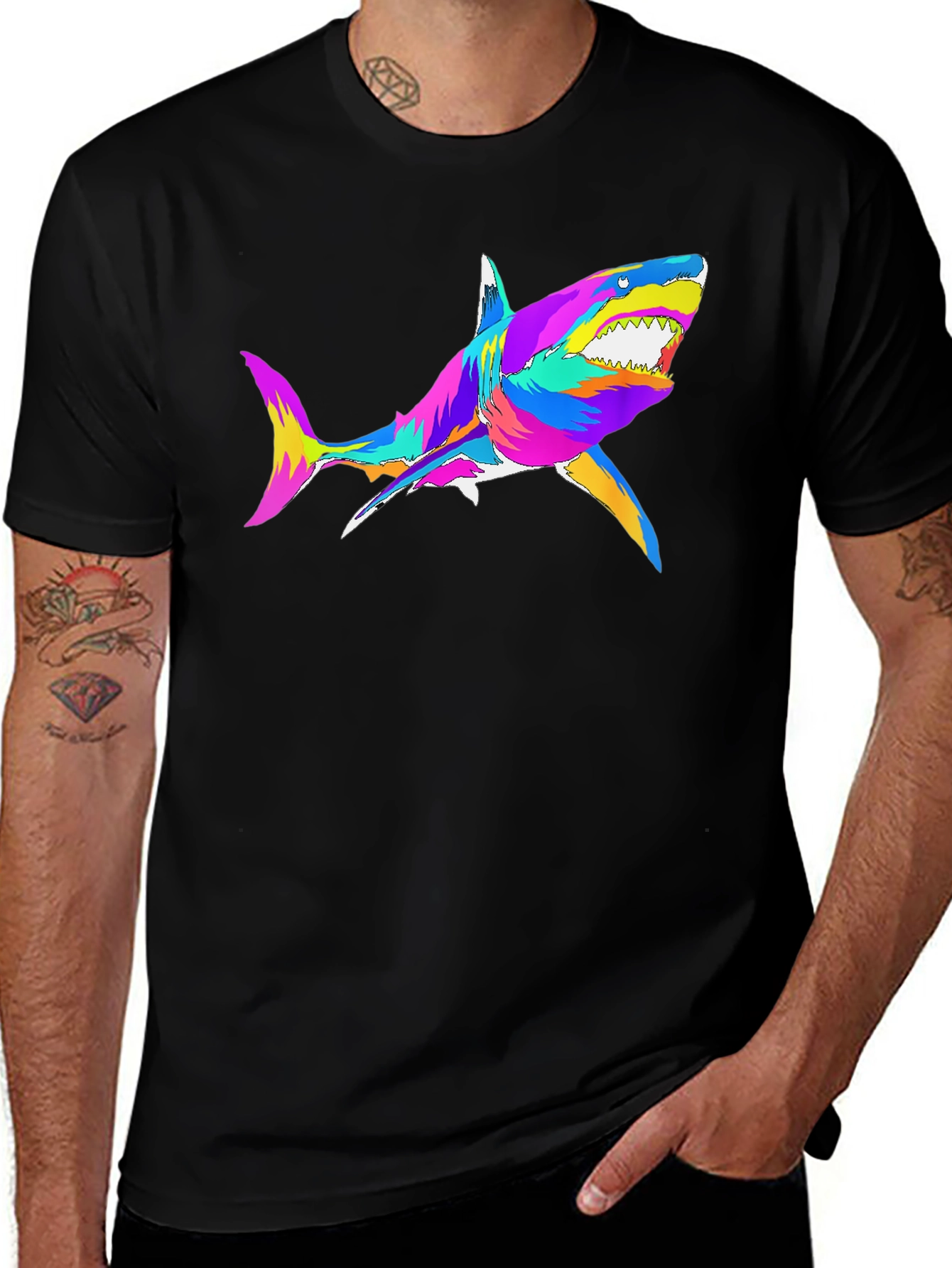 Variant 6 of Colorful Shark Graphic Black T-Shirt