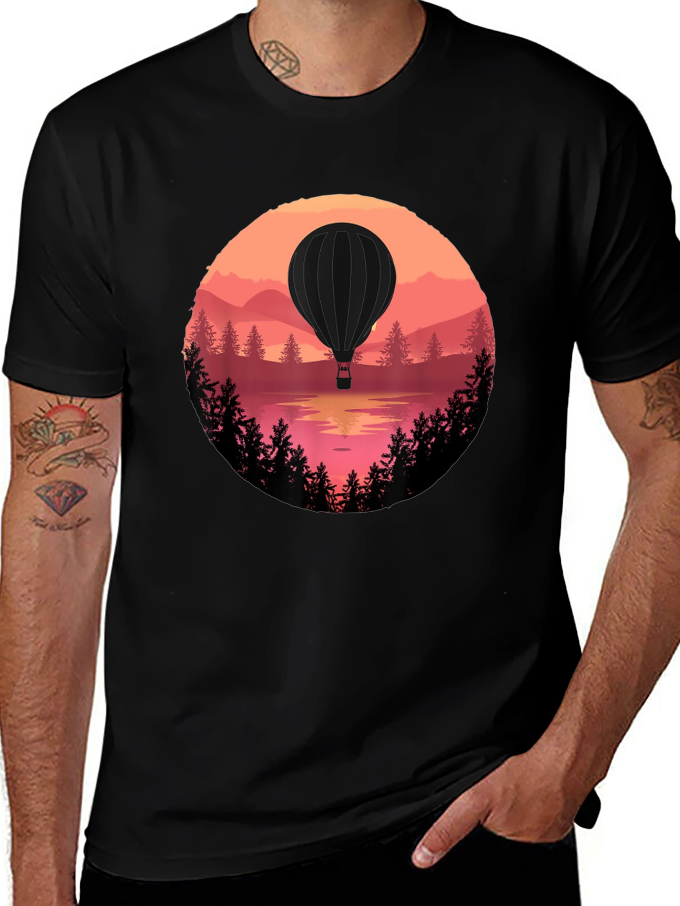 Variant 15 of Hot Air Balloon Landscape Graphic Tee - Black