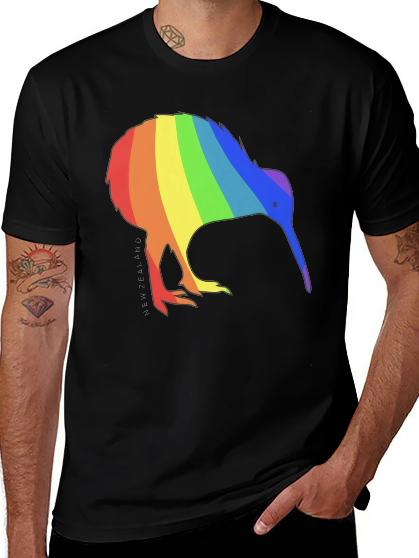 Rainbow Kiwi Bird Black T-Shirt