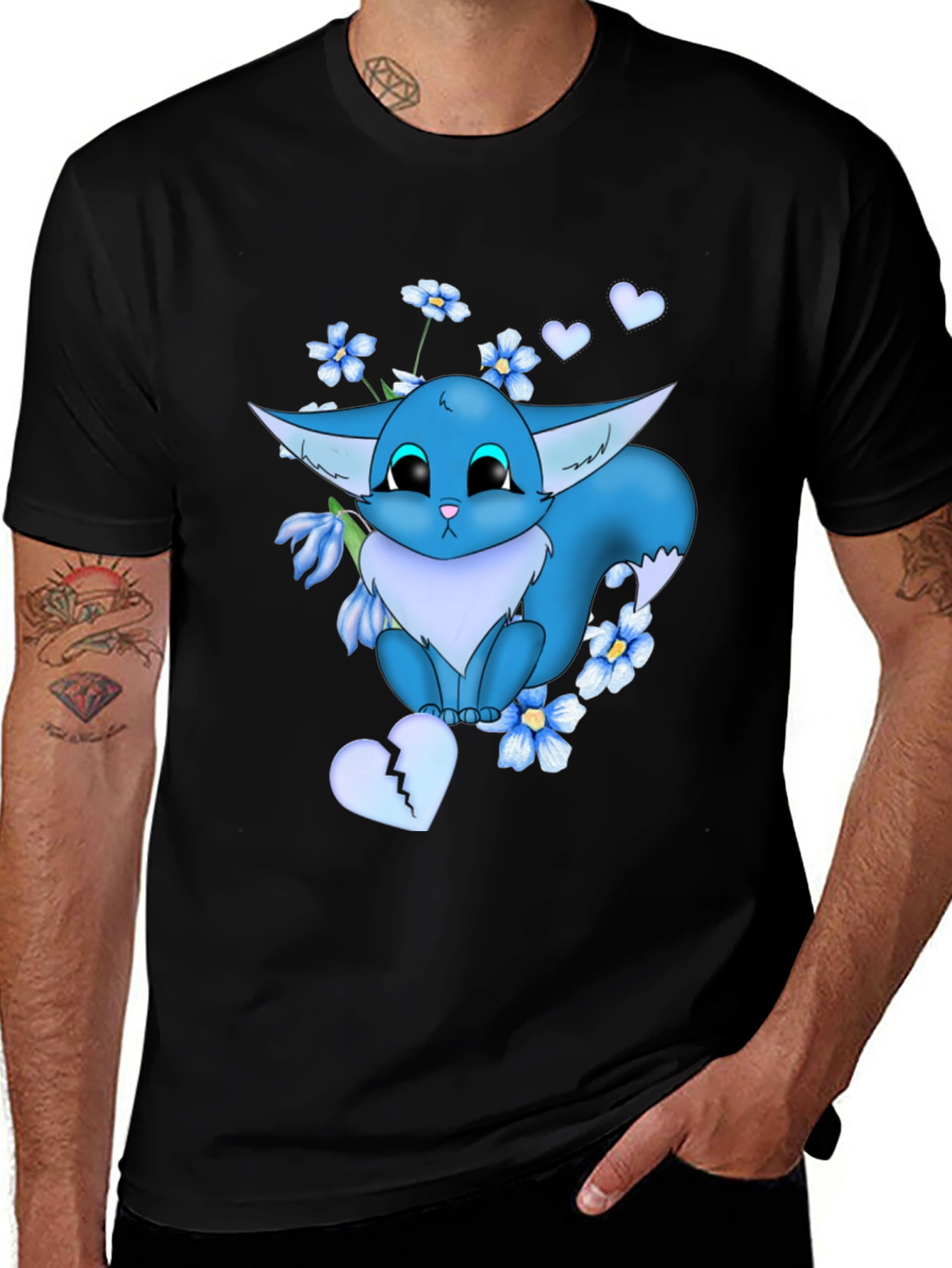 Variant 2 of Cute Anime Blue Fox Floral Heart Tee