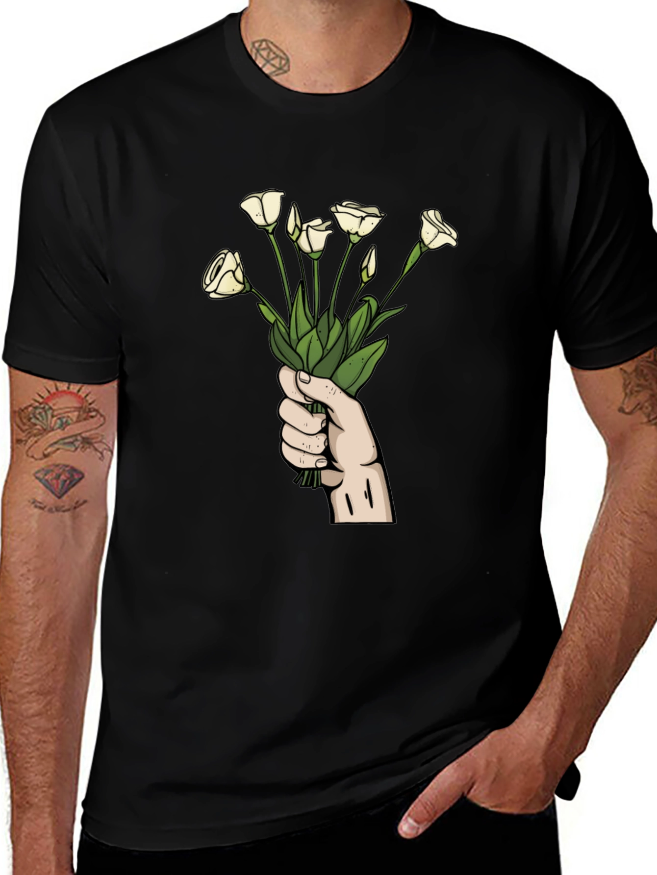 Variant 13 of Floral Bouquet Graphic Tee - Black Cotton T-Shirt
