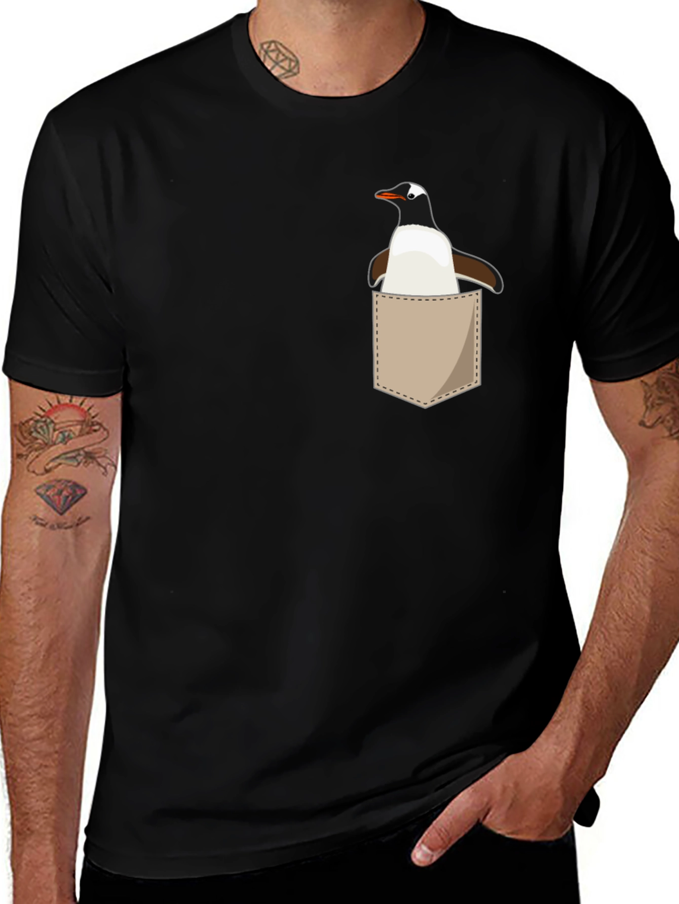 Variant 9 of Penguin Pocket Black T-Shirt - Unique Animal Graphic Tee