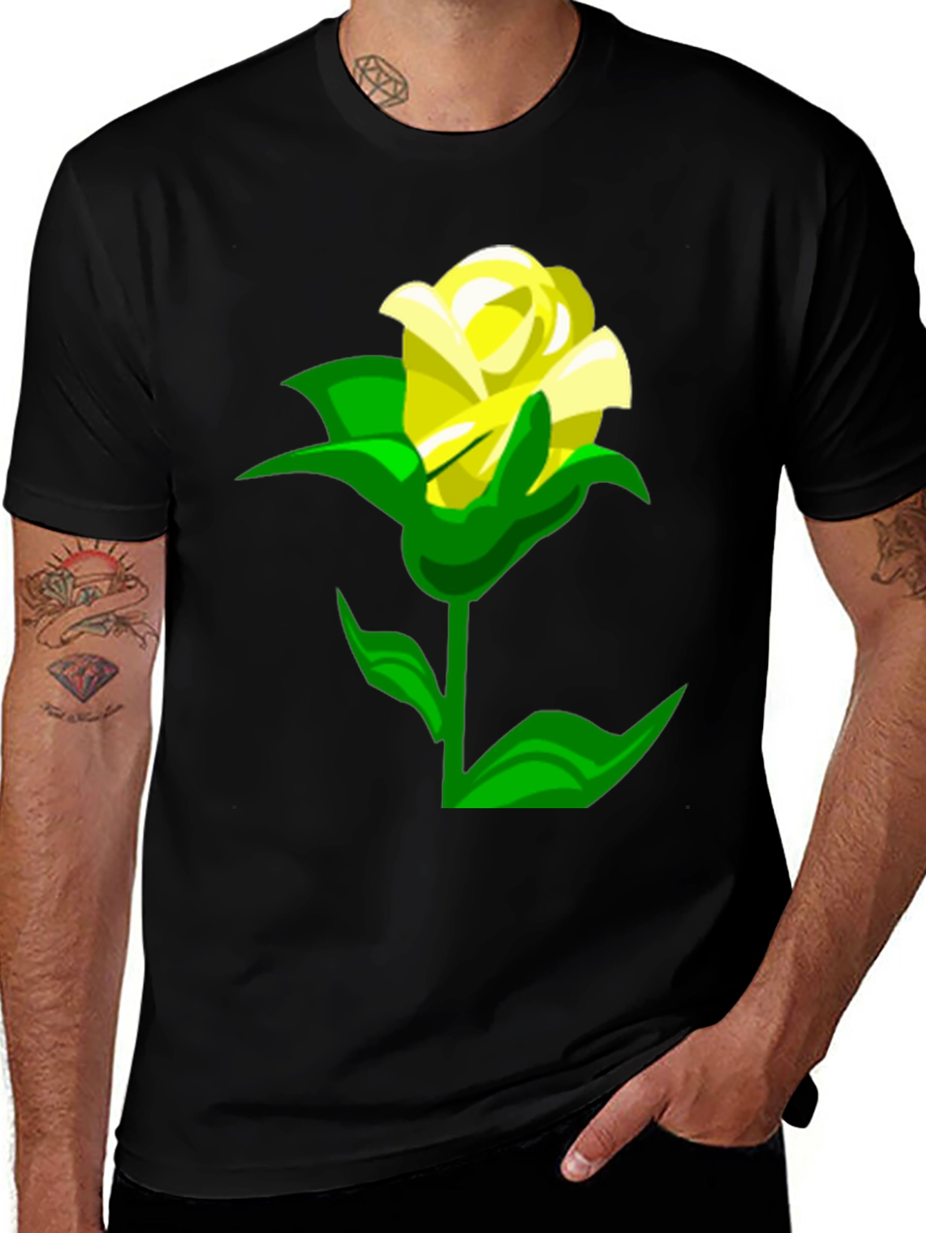 Variant 19 of Black T-Shirt with Graphic Yellow Rose Print