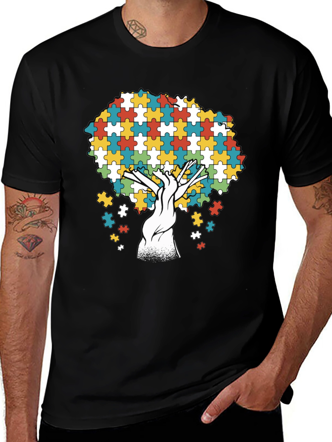 Autism Awareness Puzzle Piece Tree Black T-Shirt