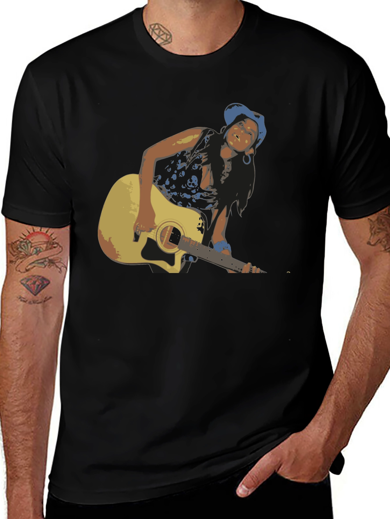 Variant 30 of Cool Black T-Shirt with Guitar Player Design