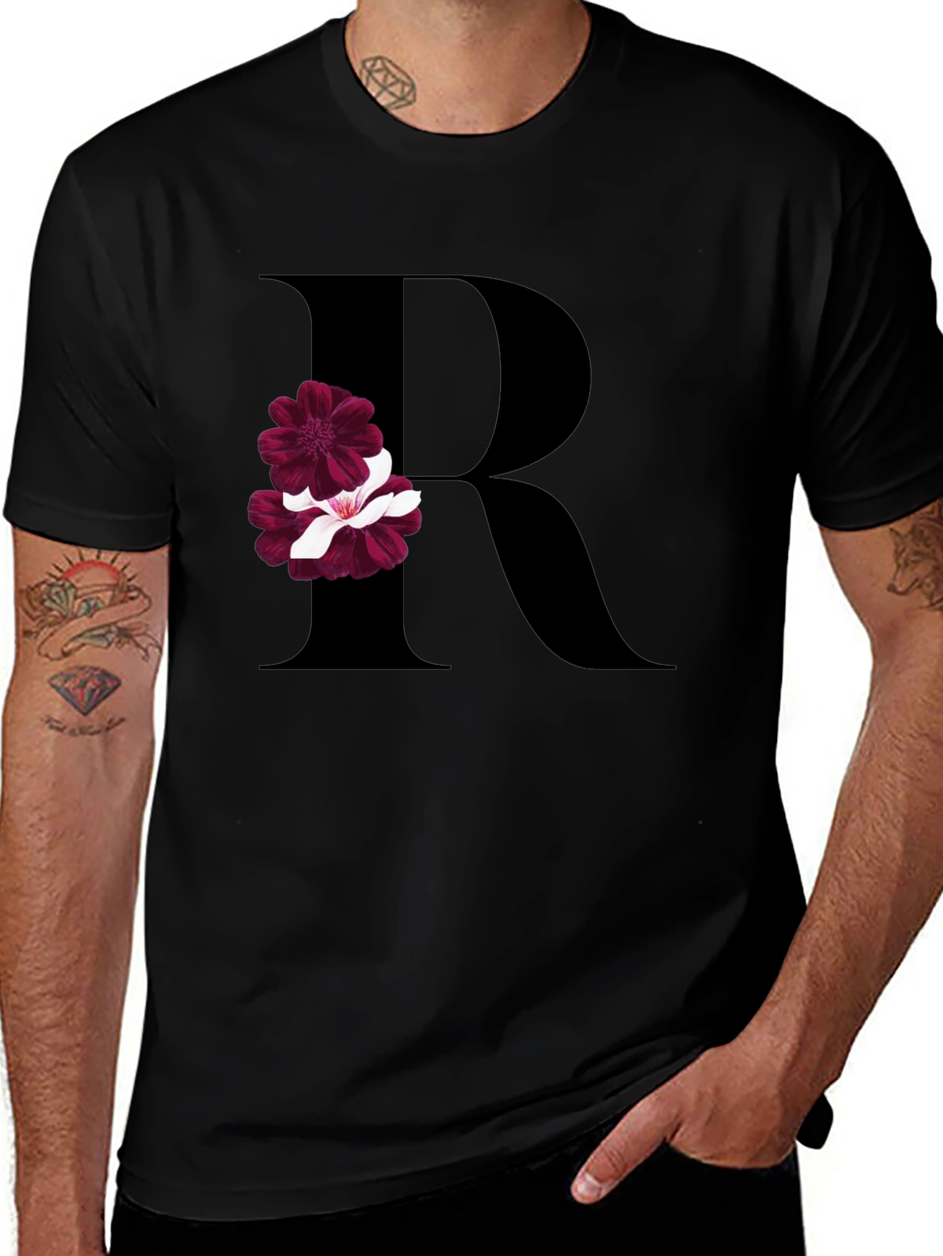 Variant 5 of Floral Letter R Black T-Shirt