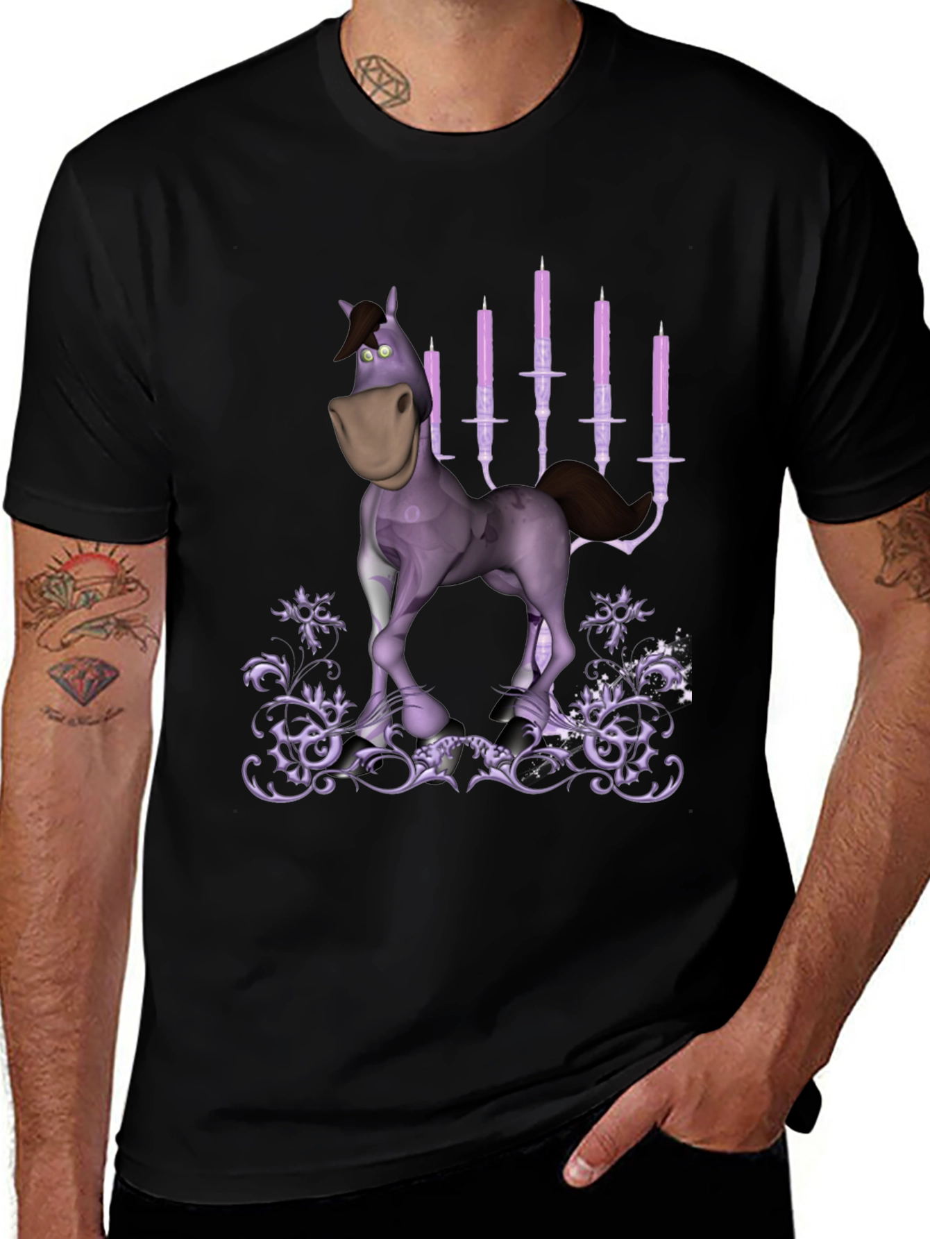 Variant 17 of Cartoon Horse & Candles Graphic Print Black T-Shirt