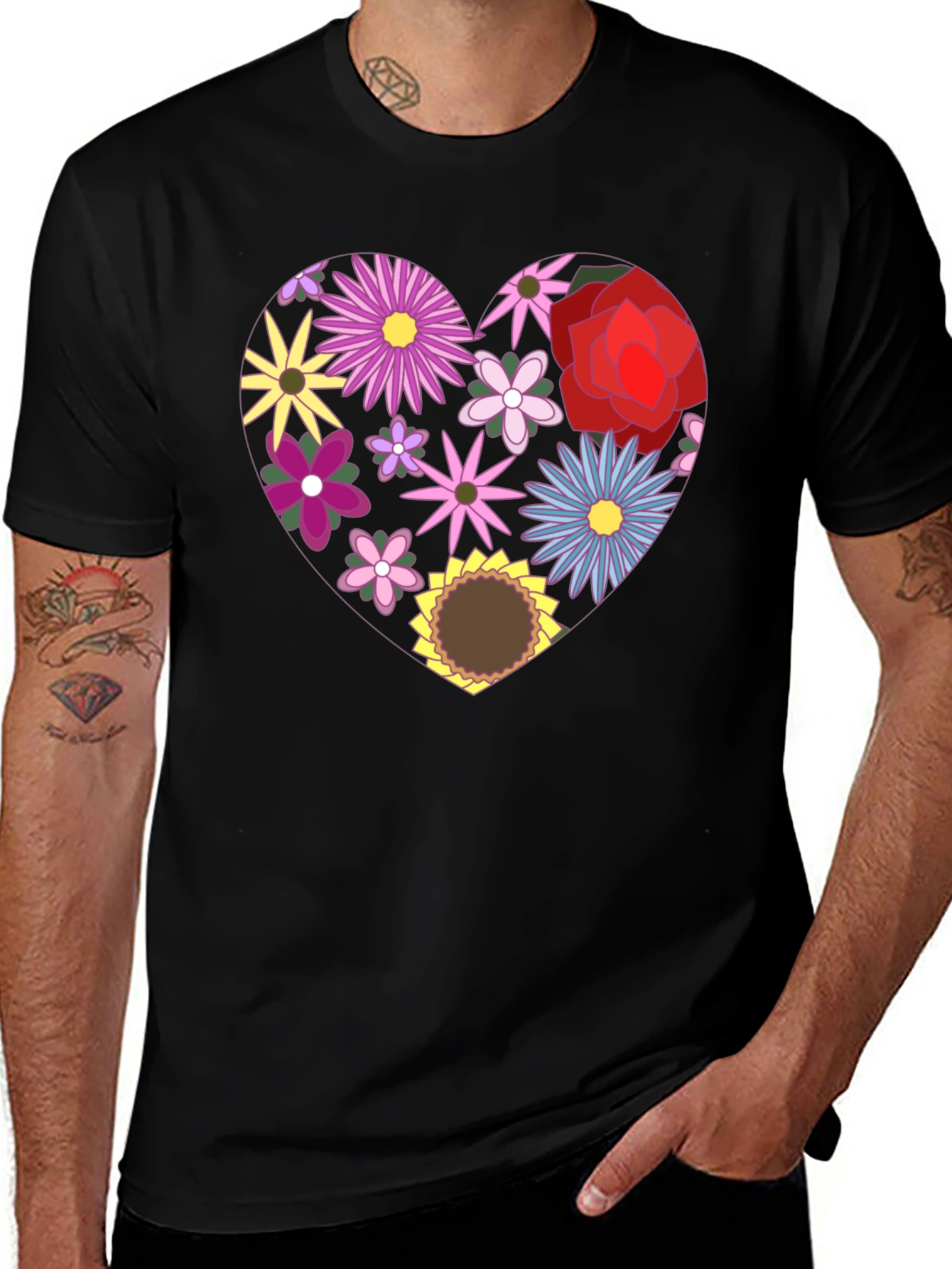 Variant 9 of Floral Heart Graphic Black T-Shirt