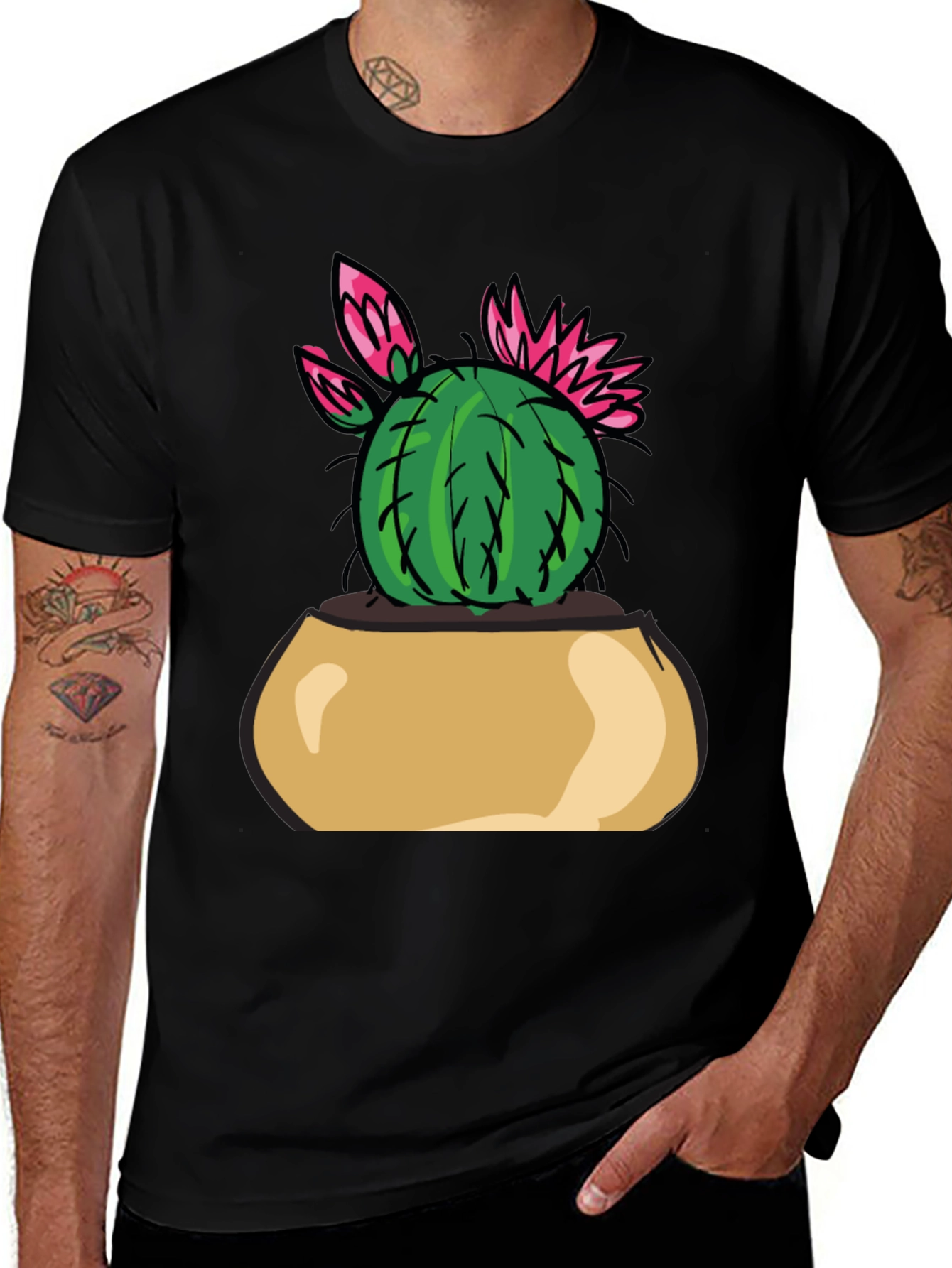 Variant 10 of Cactus Flower Graphic Tee - Black Cotton T-Shirt