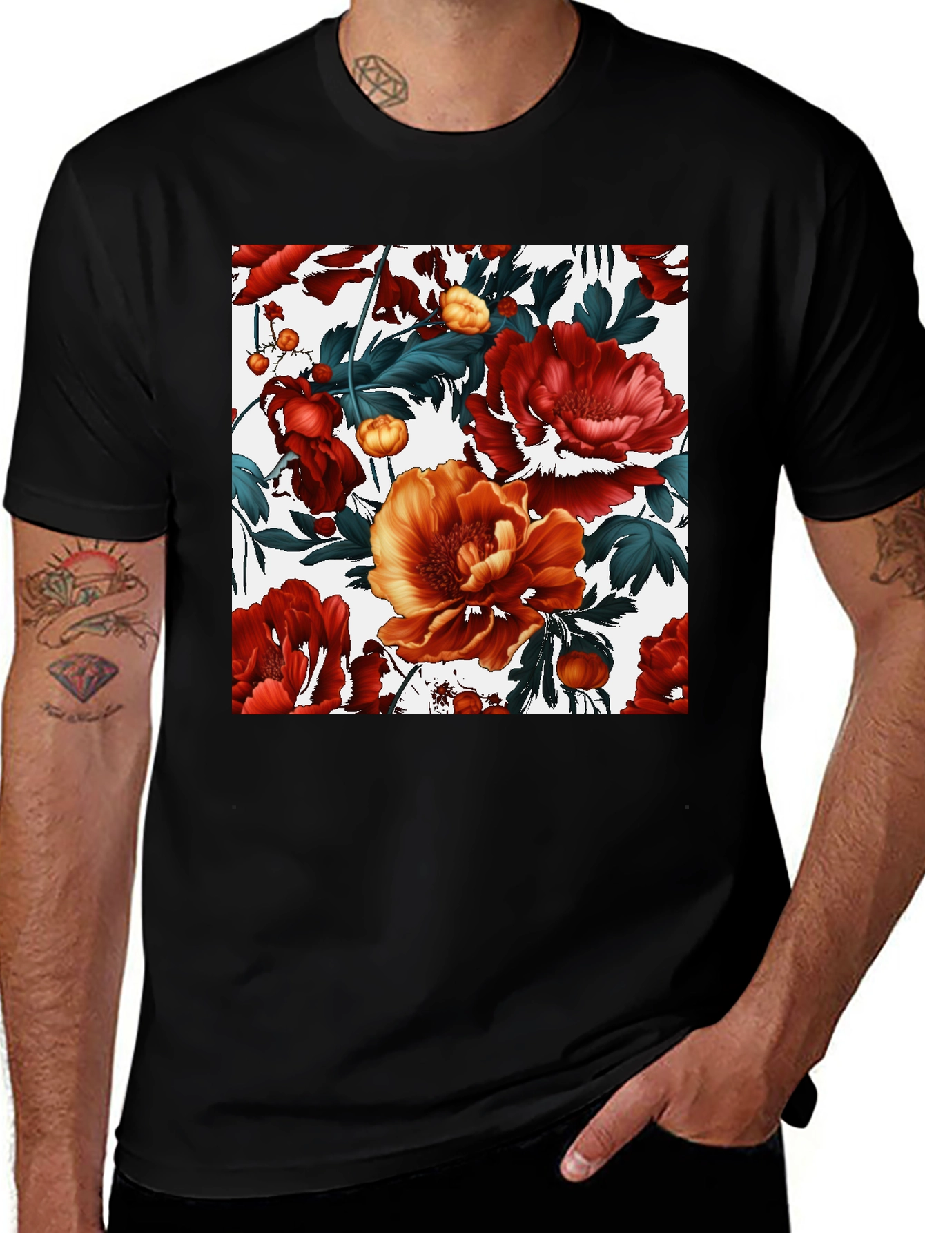 Variant 27 of Floral Print Black Crew Neck T-Shirt