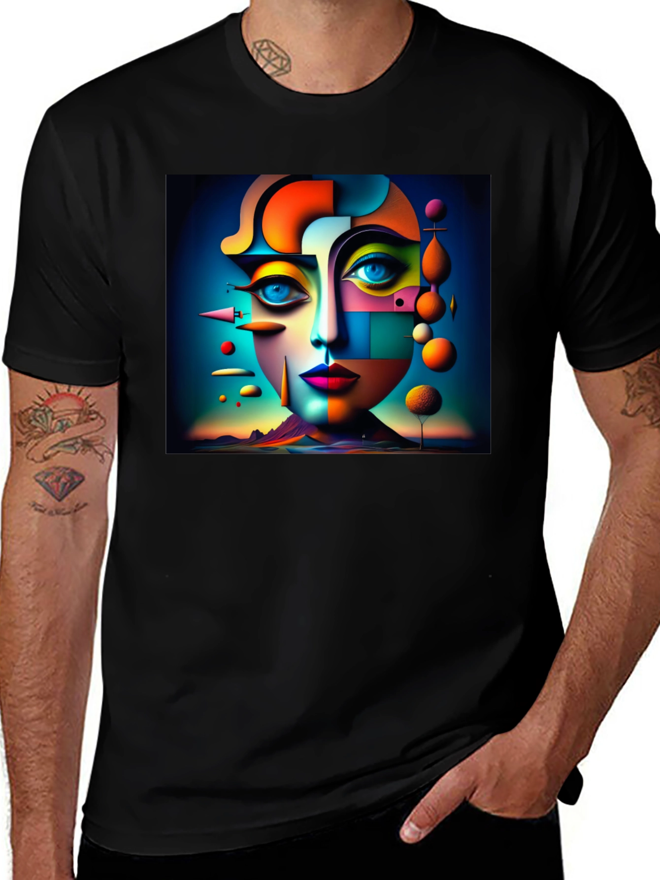 Black Abstract Geometric Face Art Black T-Shirt main image
