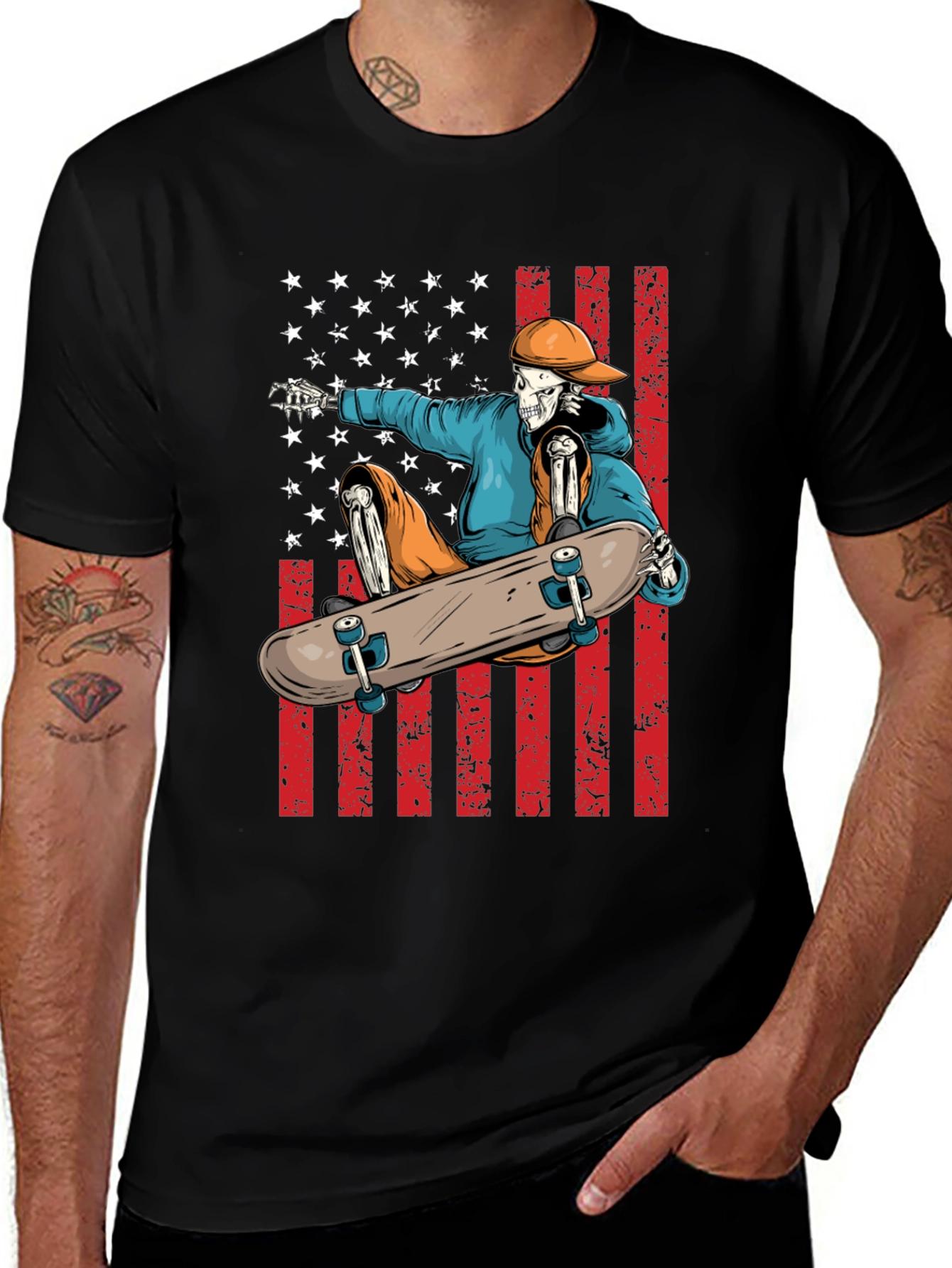 Variant 18 of Skateboarding Skeleton T-Shirt - American Flag Design