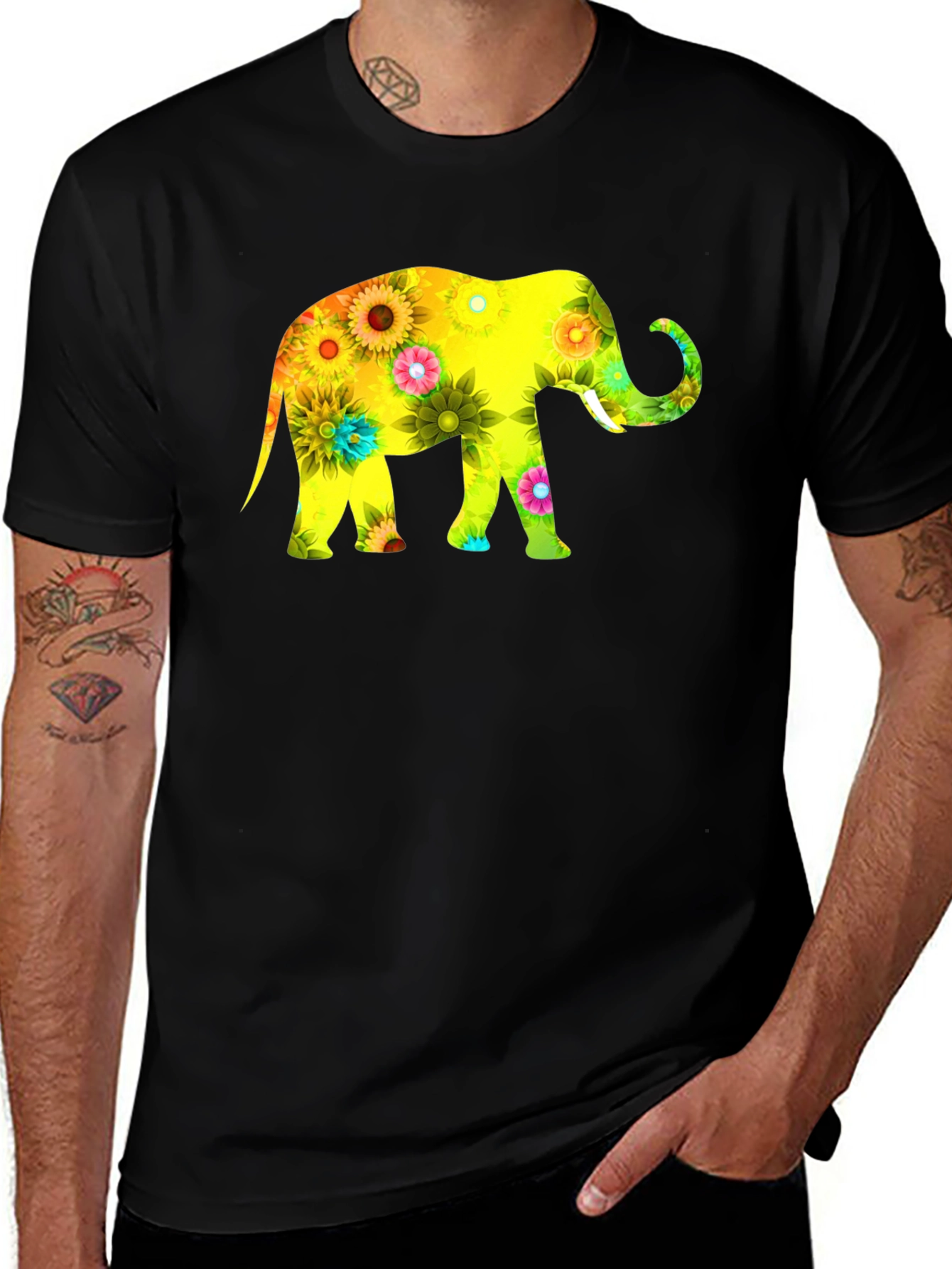 Variant 25 of Floral Elephant Print Black T-Shirt