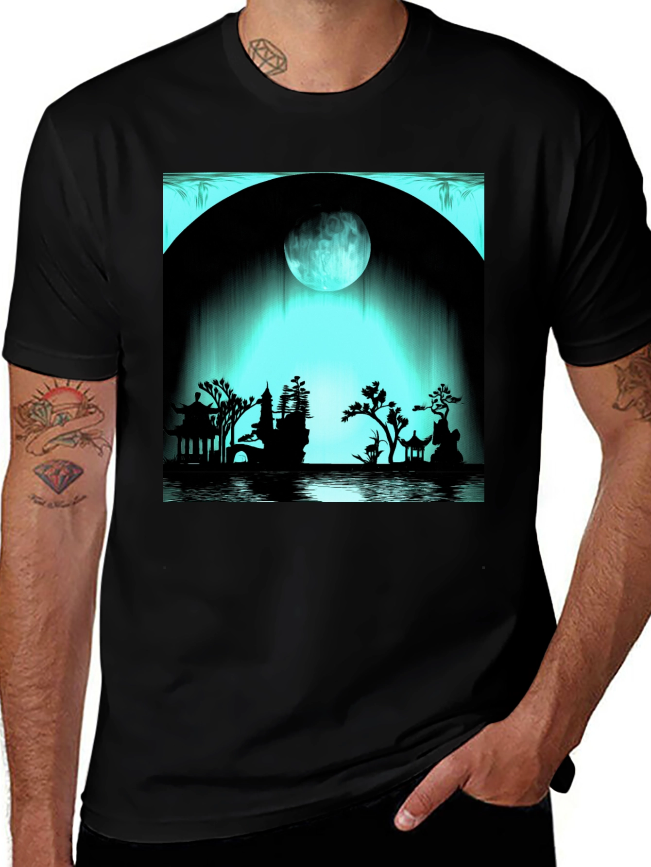 Variant 30 of Lunar Silhouette T-Shirt - Oriental Nightscape Design