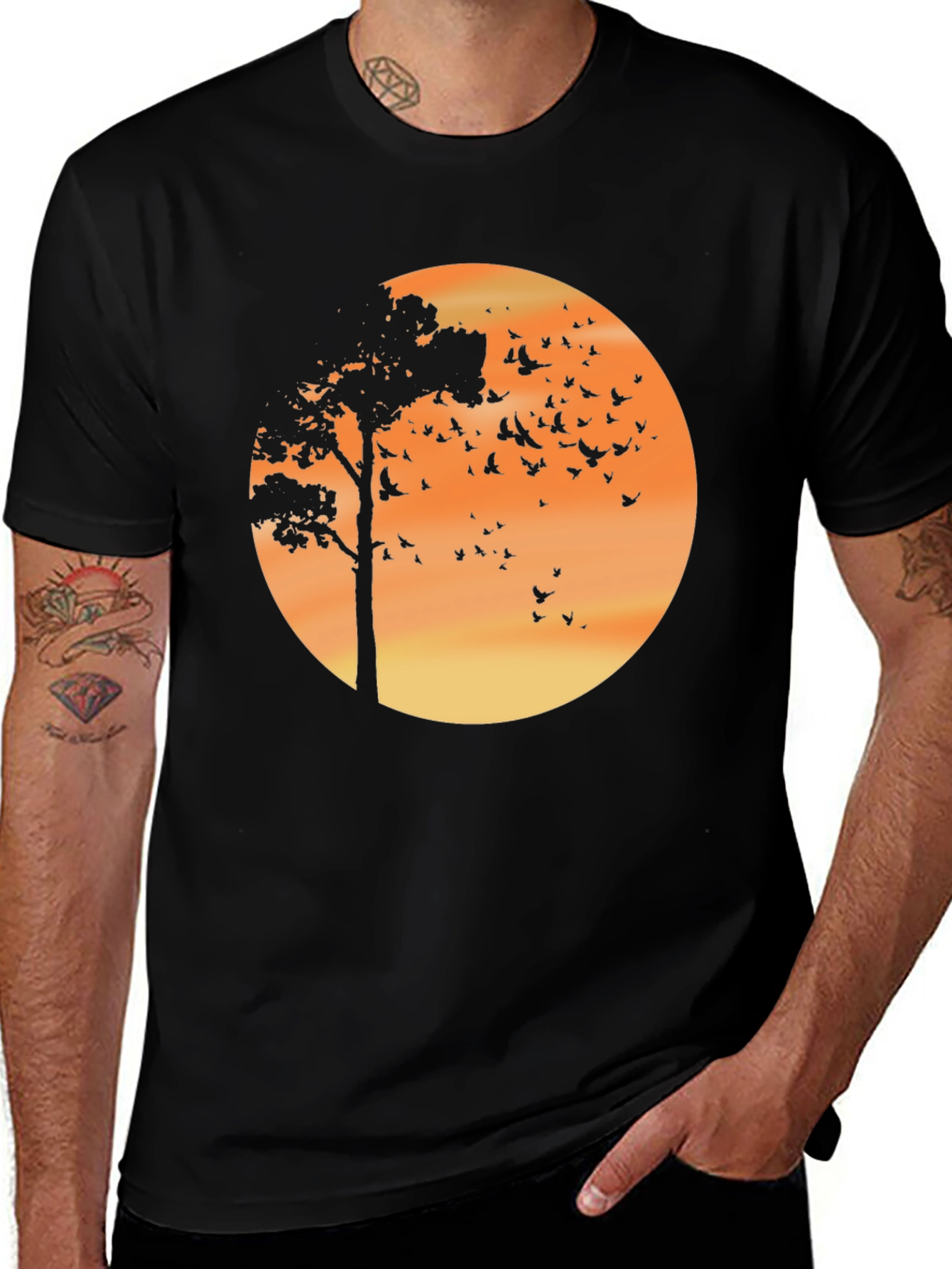 Variant 8 of Tree & Birds Graphic Tee - Sunset Design Black Shirt