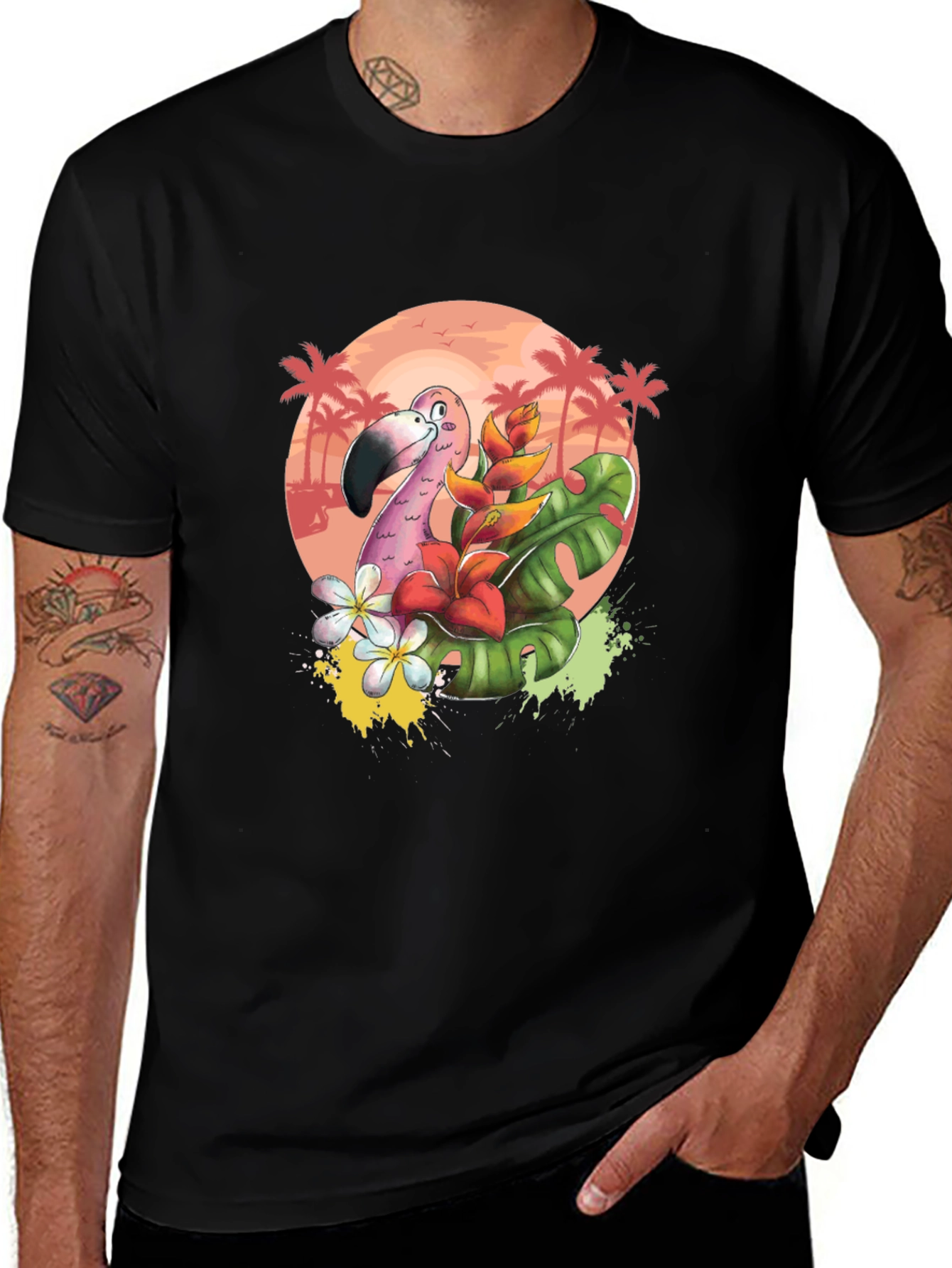 Variant 15 of Tropical Flamingo Graphic Tee - Black Cotton T-Shirt