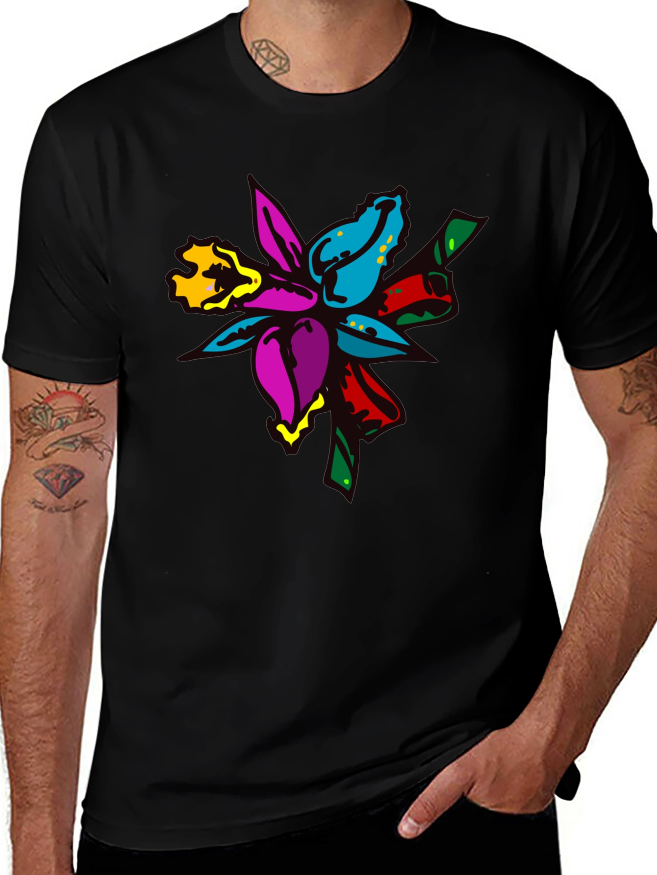 Variant 15 of Colorful Floral Graphic Print Black T-Shirt