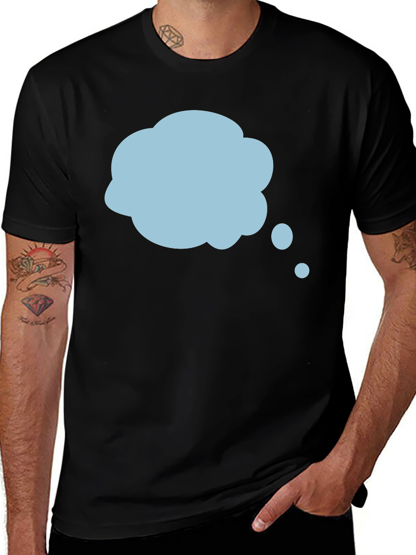 Variant 24 of Men's Black T-Shirt with Blue Thought Bubble Design