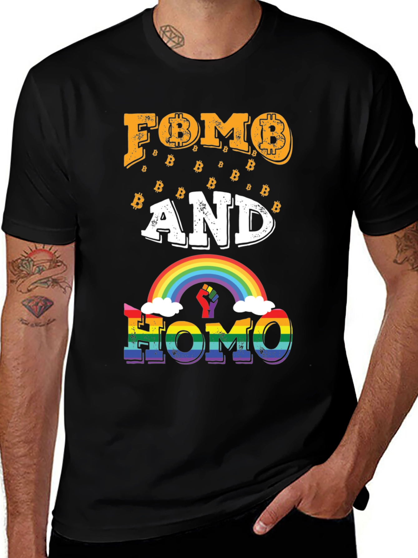 Variant 14 of FOMO and HOMO Bitcoin Rainbow Graphic Tee