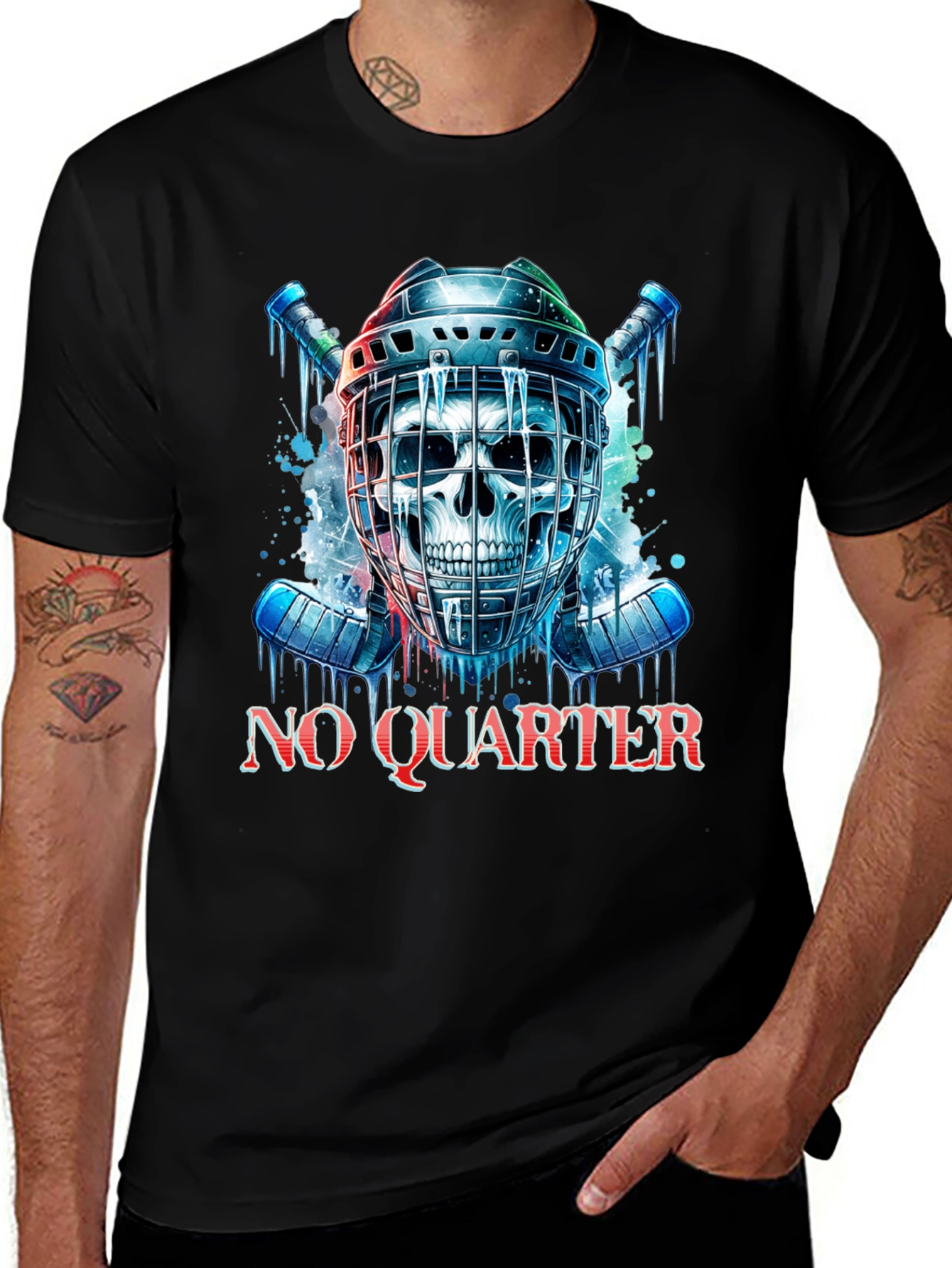 Variant 29 of Edgy Skull Hockey T-Shirt - No Quarter Given!
