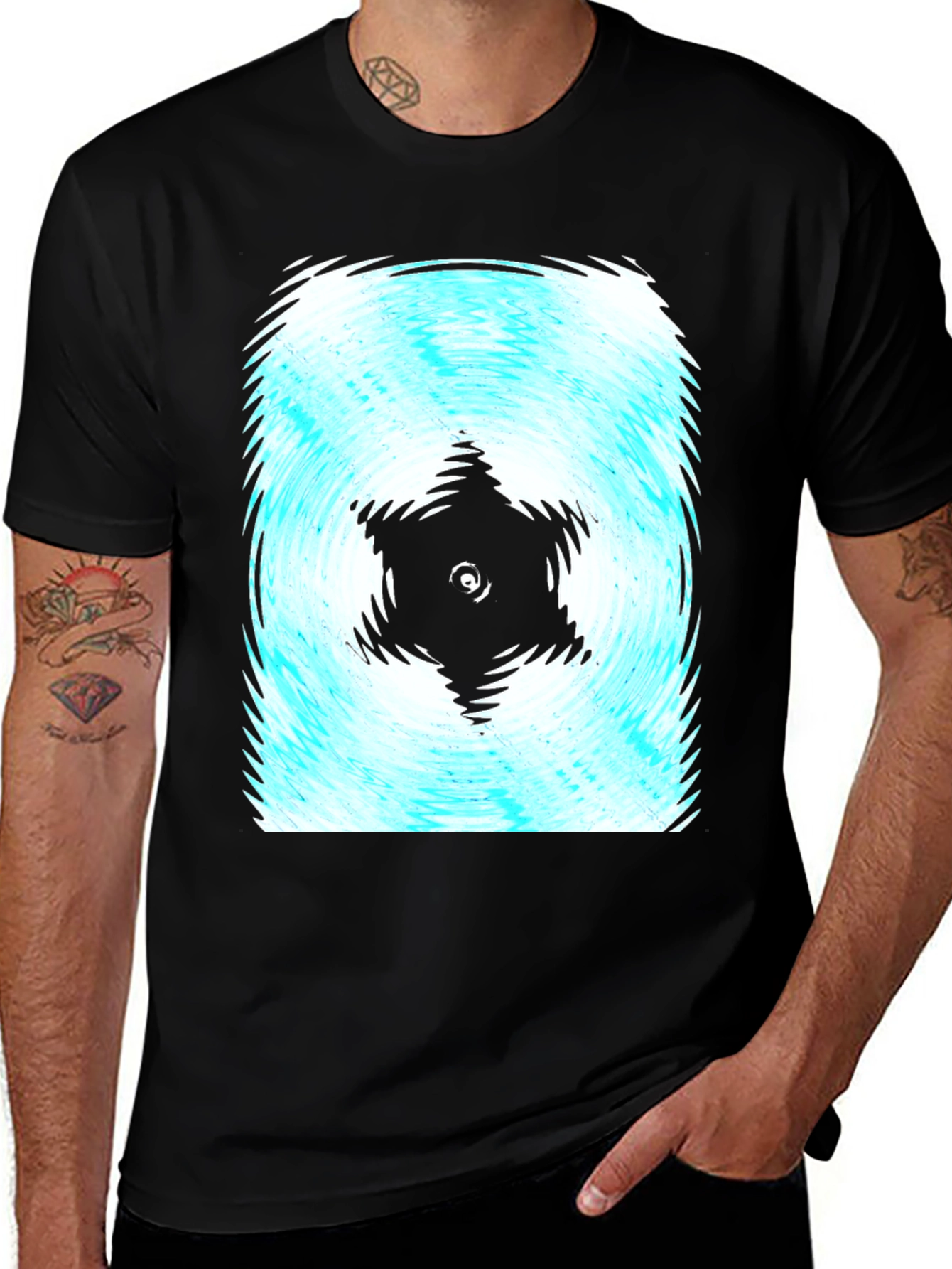 Variant 22 of Men's Black Tee with Abstract Swirl Star Design