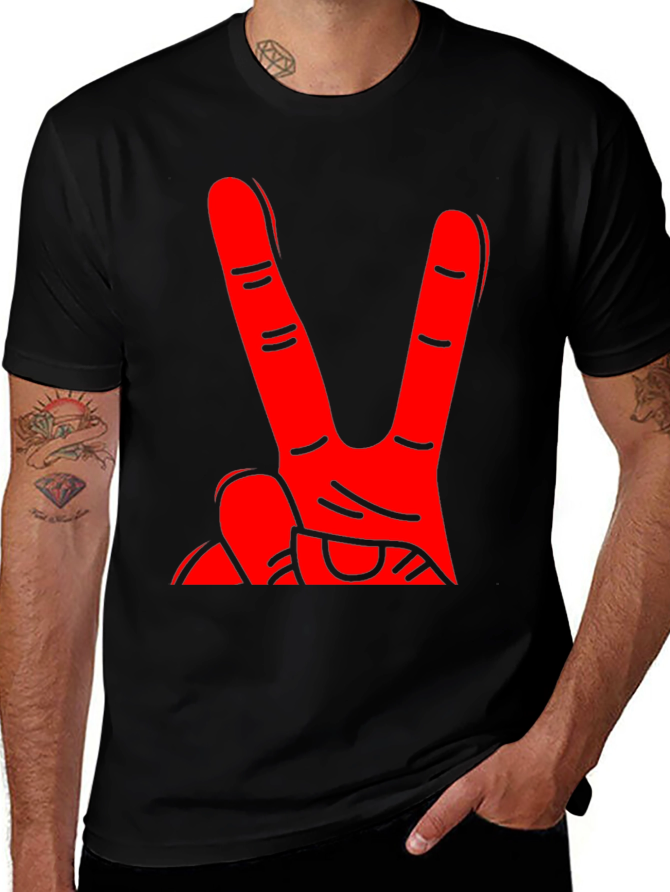 Red Hand Peace Sign Black T-Shirt