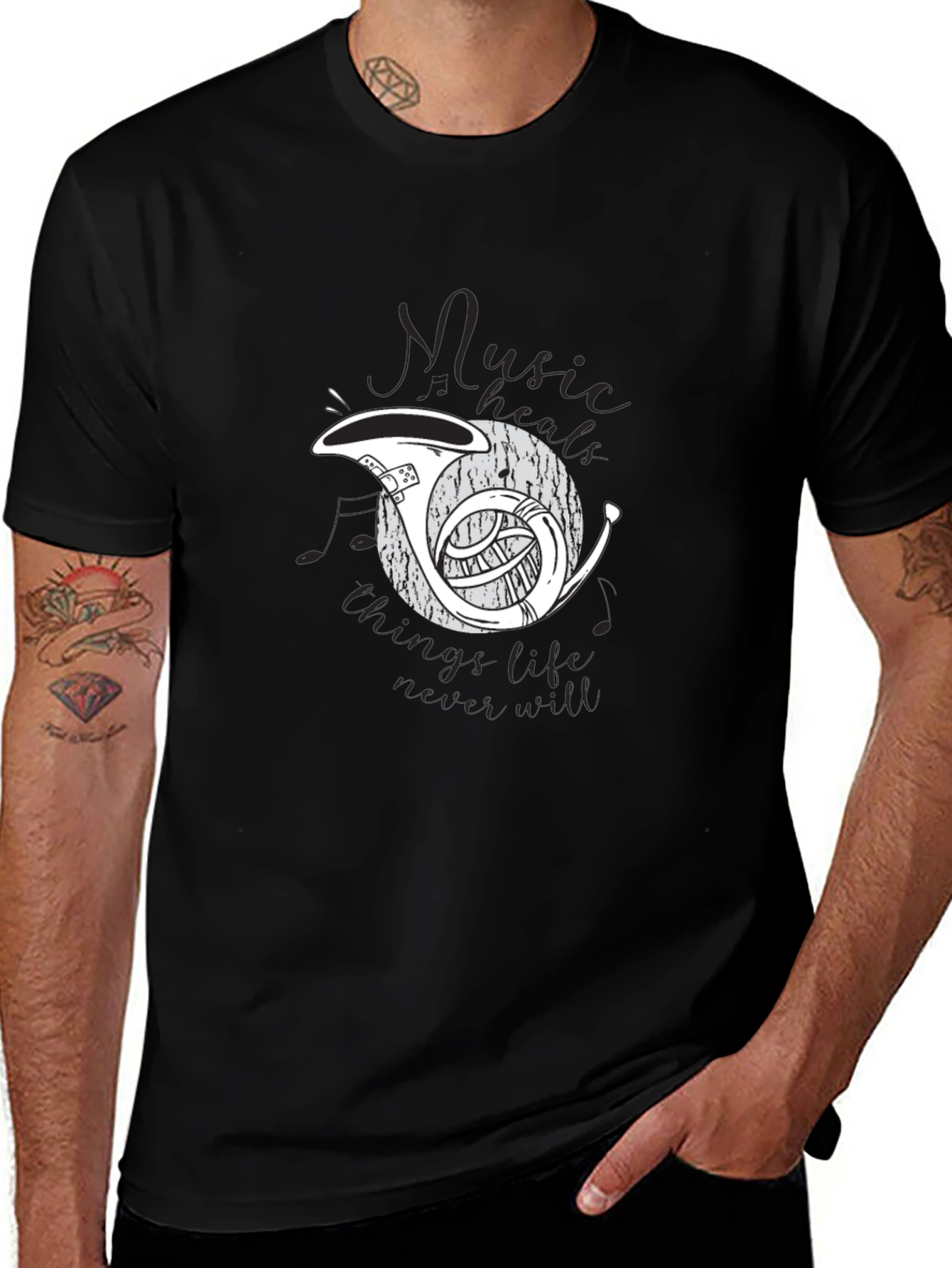 Camiseta Negra Hombre Diseño Corno Francés Música