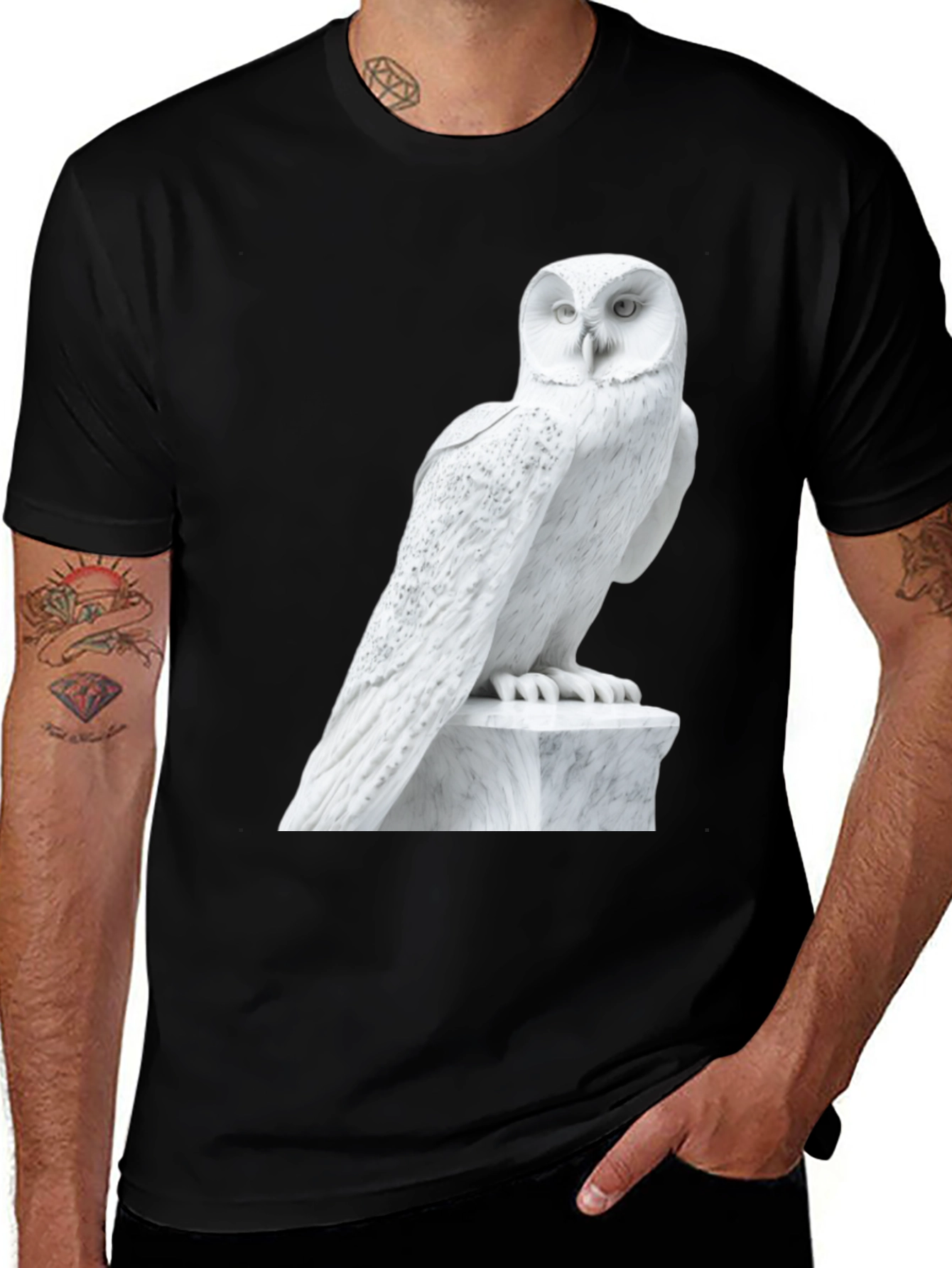 Variant 25 of Owl Statue Graphic T-Shirt - Unisex Black Tee