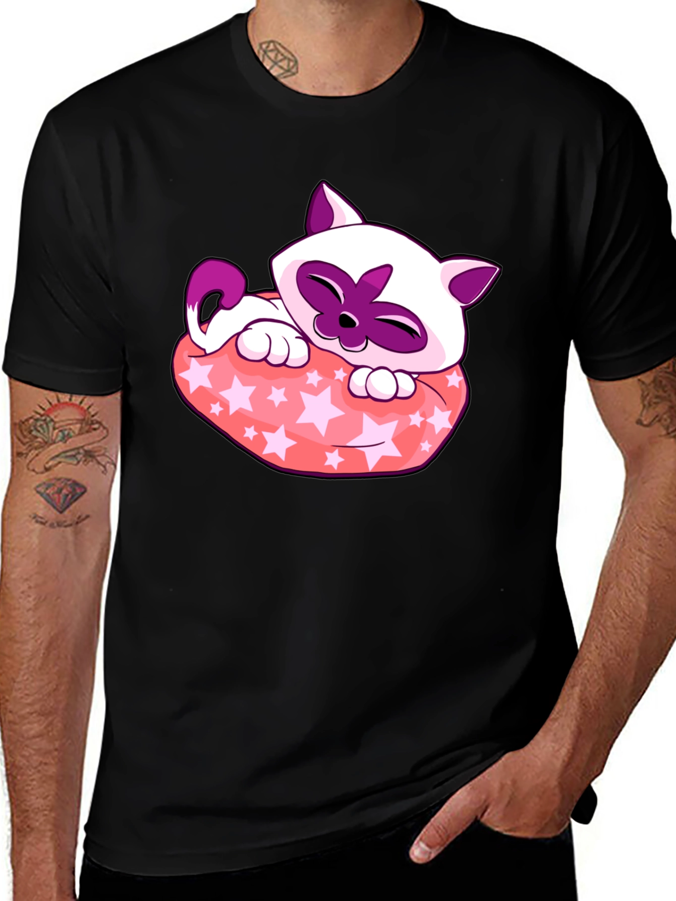 Black Cute Cartoon Cat Star Pillow Black T-Shirt main image