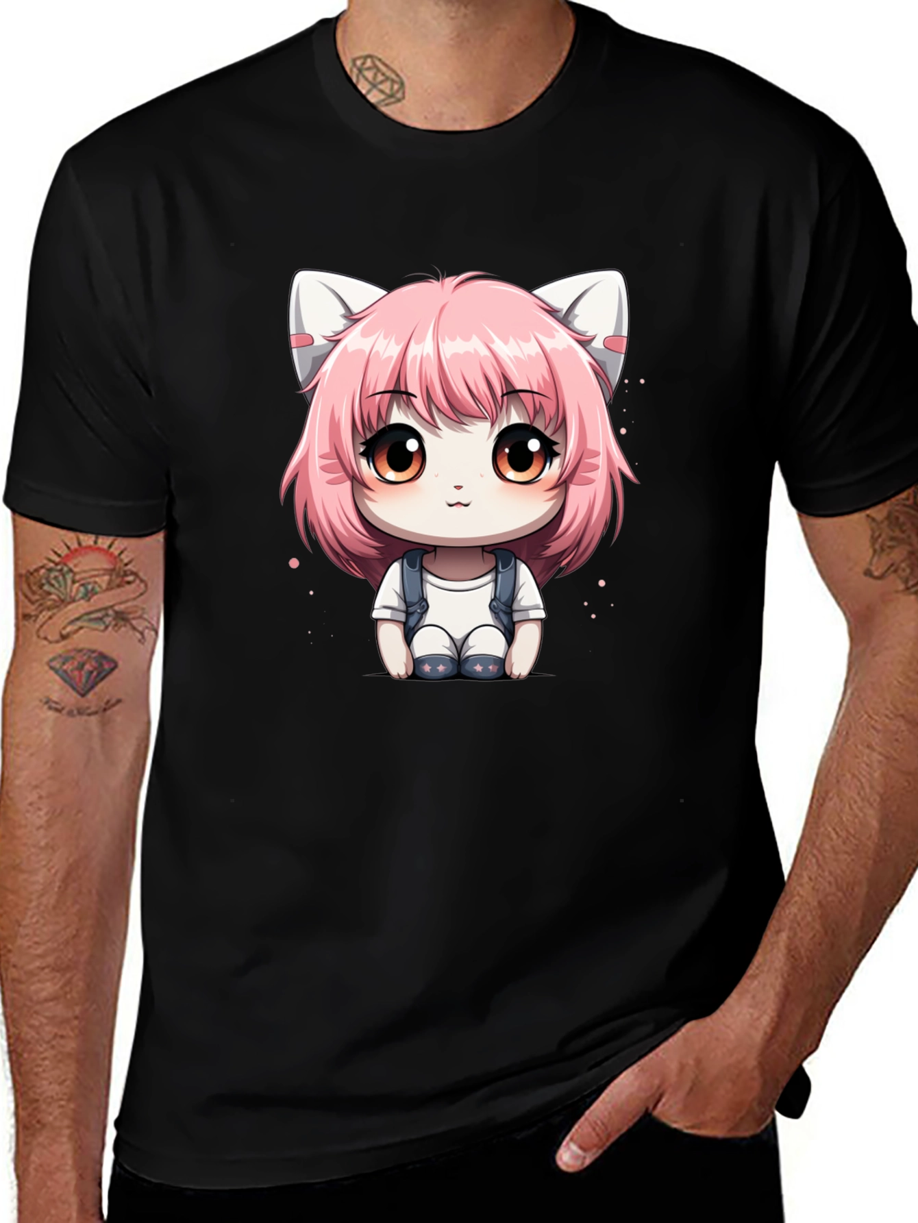 Variant 21 of Anime Cat Girl Graphic Tee - Black Cotton T-Shirt