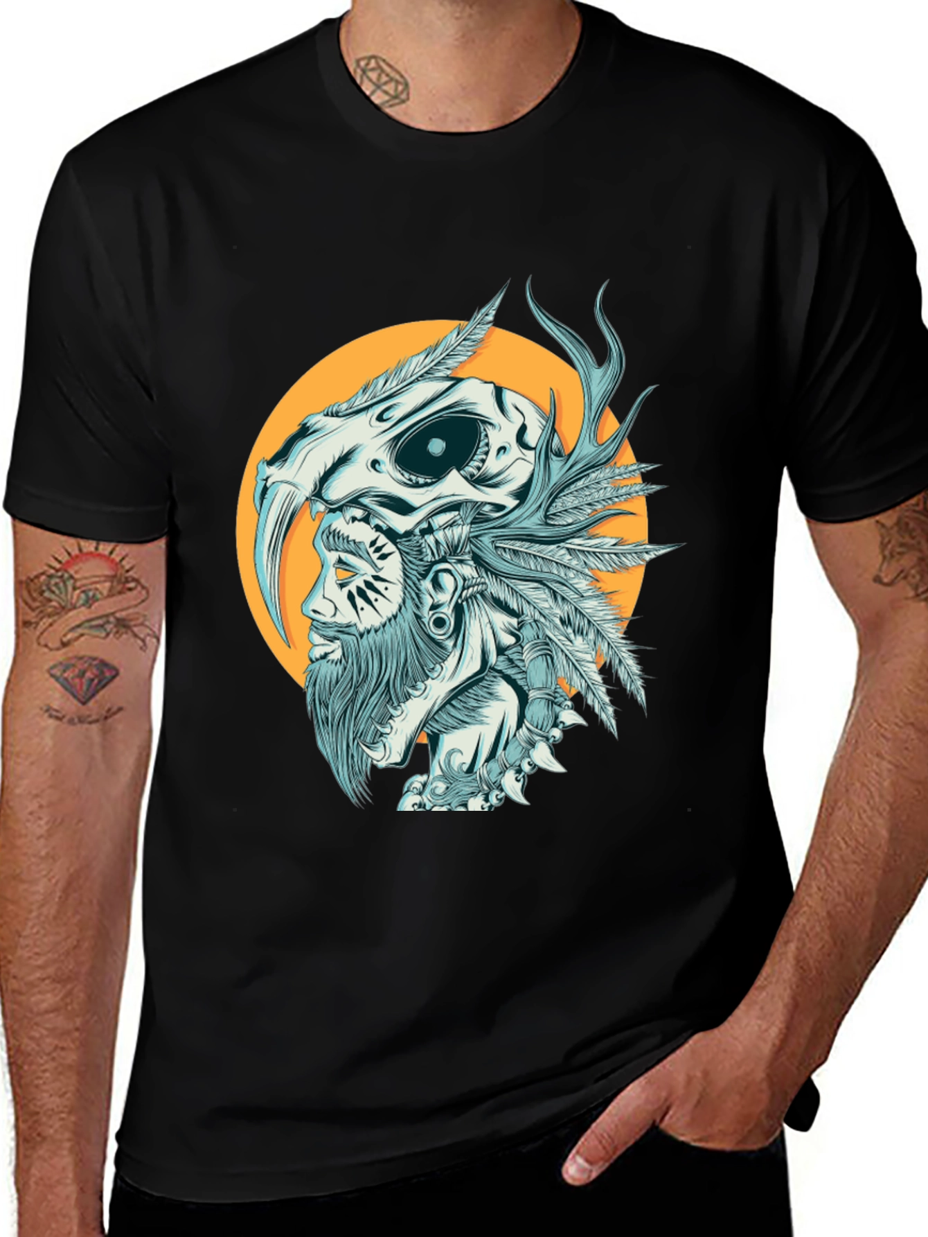 Variant 14 of Tribal Skull Graphic Print Black T-Shirt