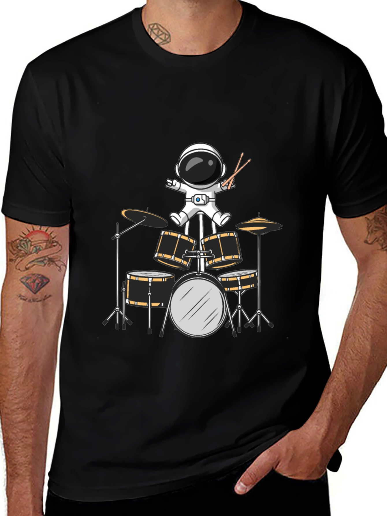 Variant 13 of Astronaut Drummer Graphic Tee - Black Cotton Blend