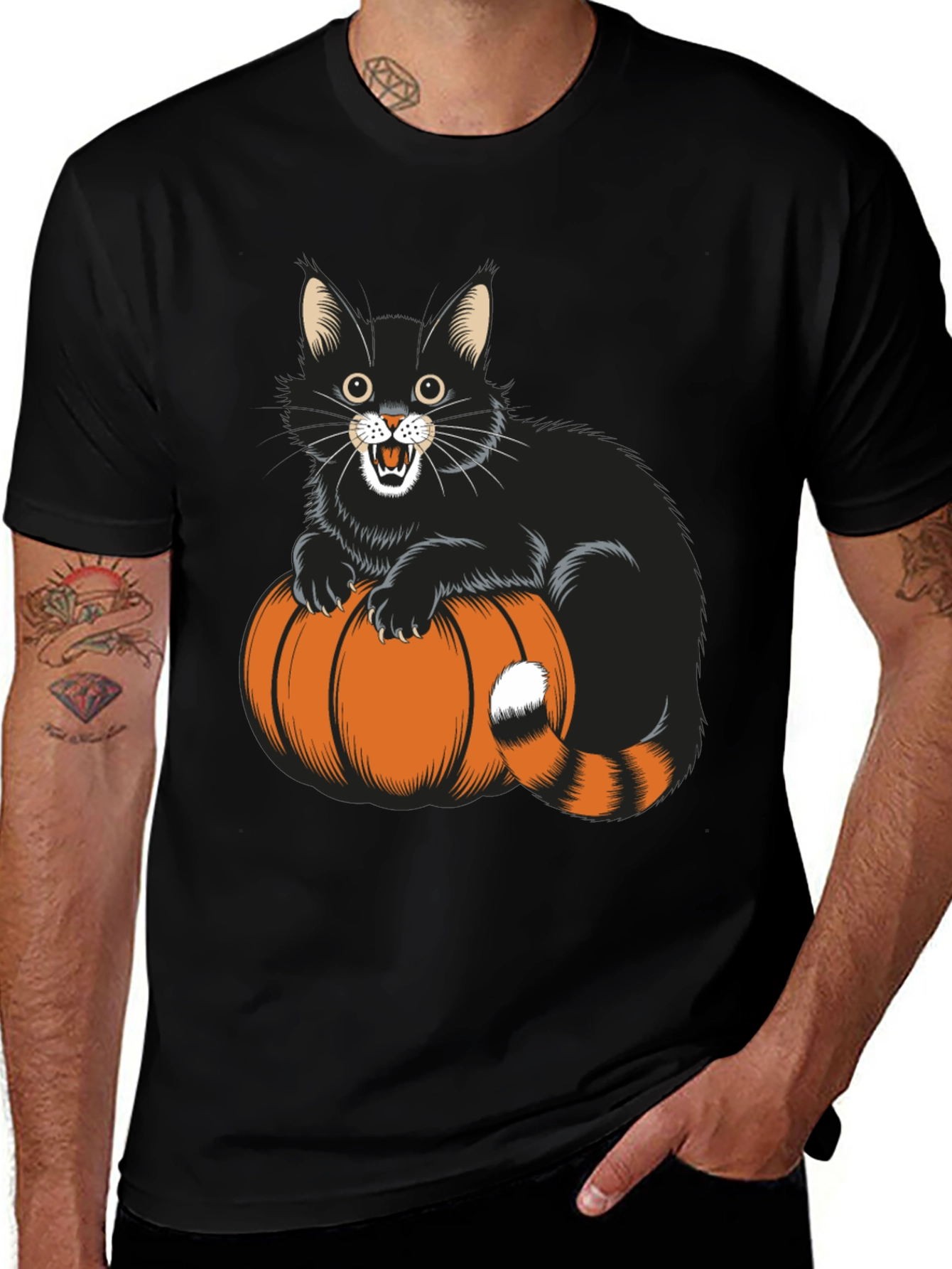 Black Halloween Cat & Pumpkin Black T-Shirt main image