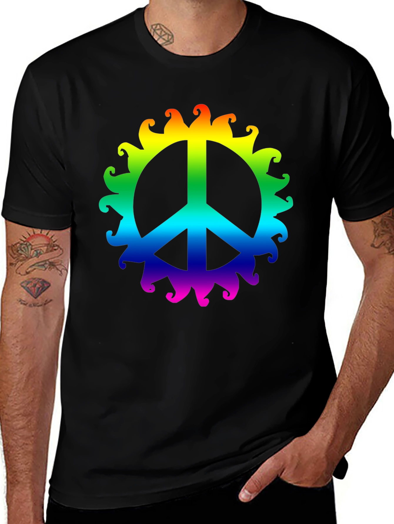 Variant 7 of Rainbow Peace Sign T-Shirt - Black Cotton Tee