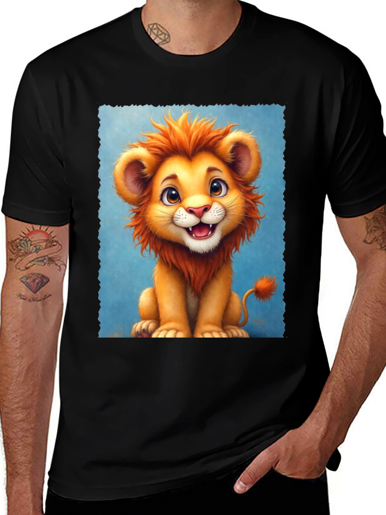 Cute Cartoon Lion Black T-Shirt