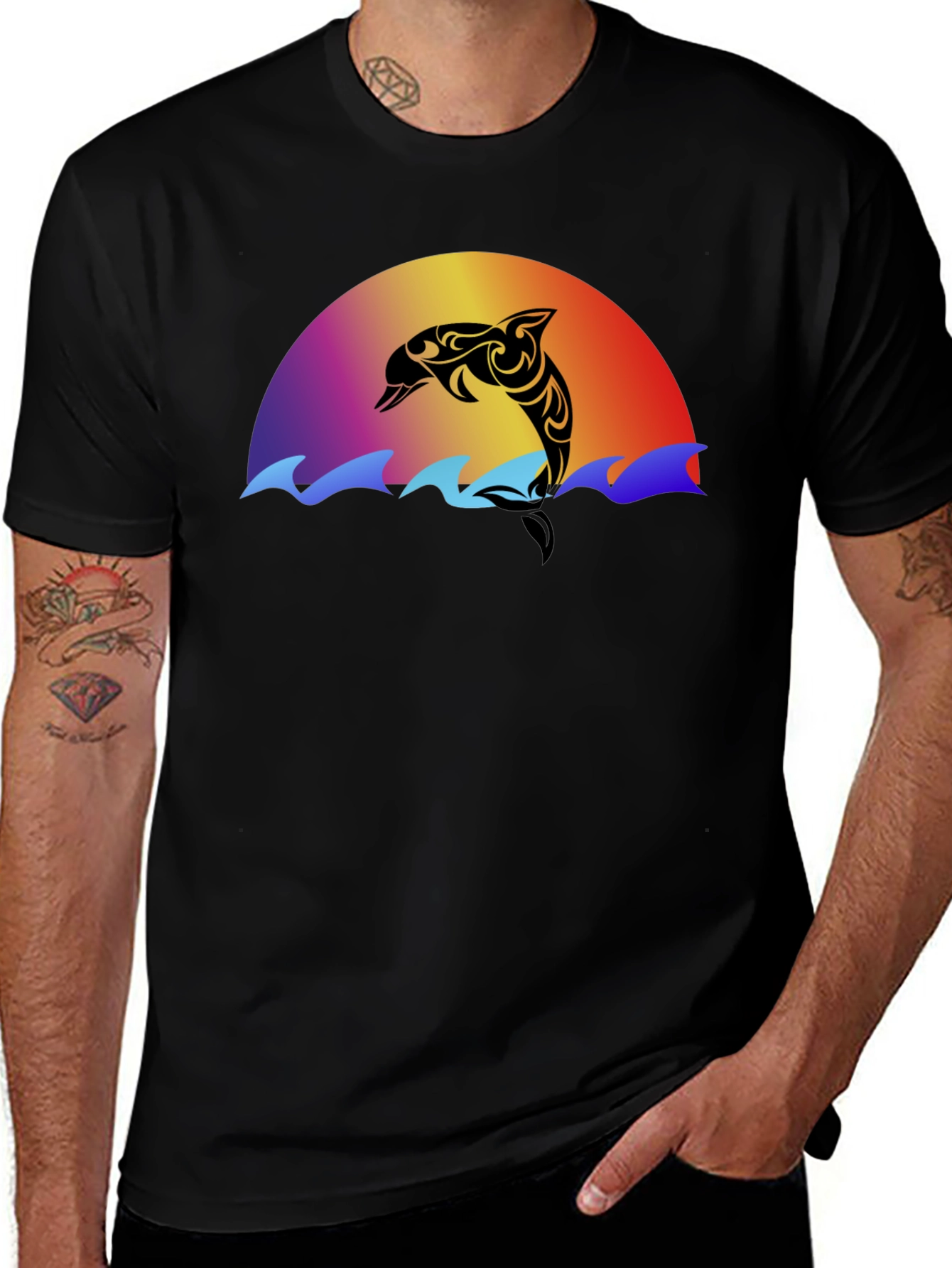 Black Tribal Dolphin Sunset Graphic T-Shirt main image