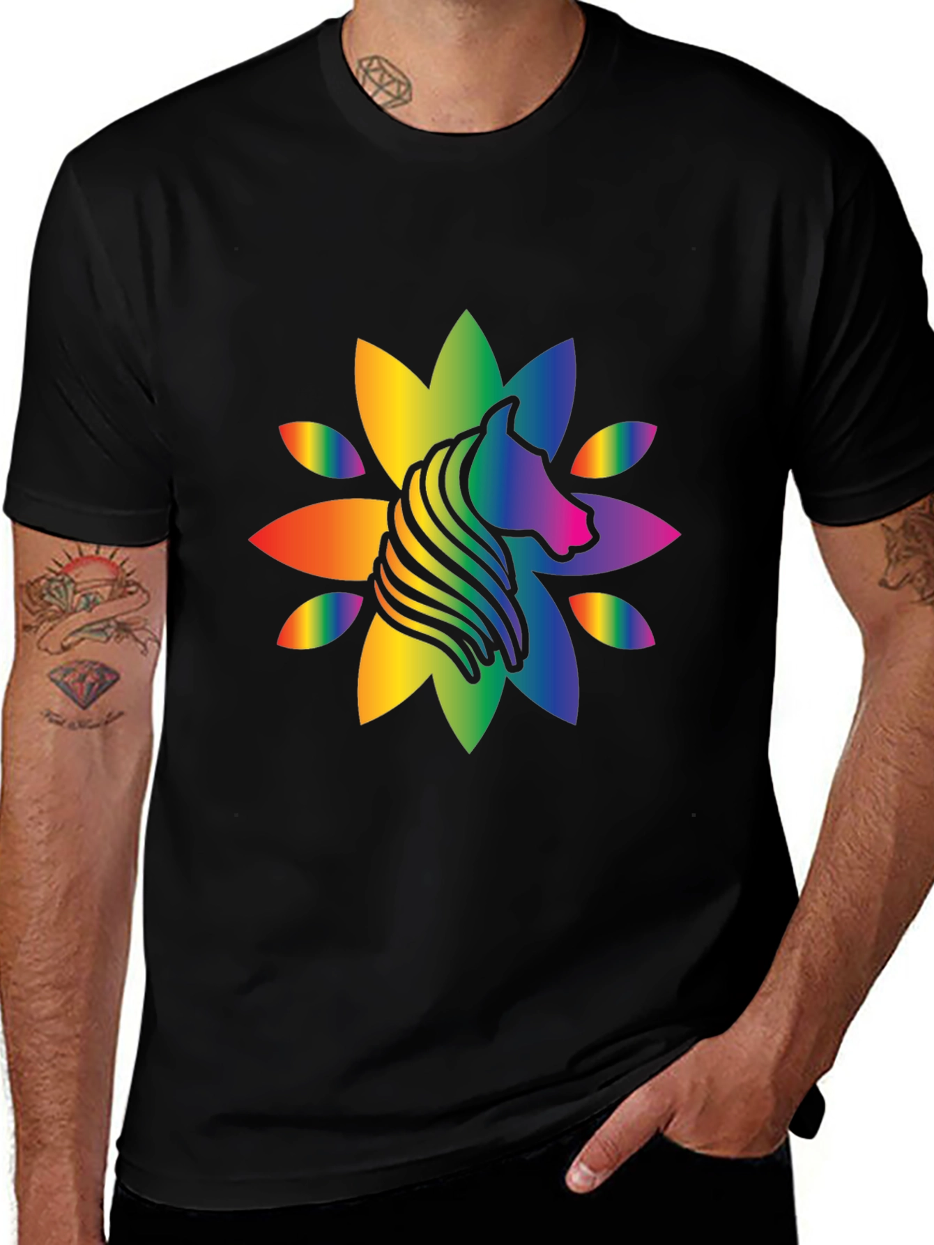 Variant 13 of Rainbow Horse Flower Graphic Black T-Shirt