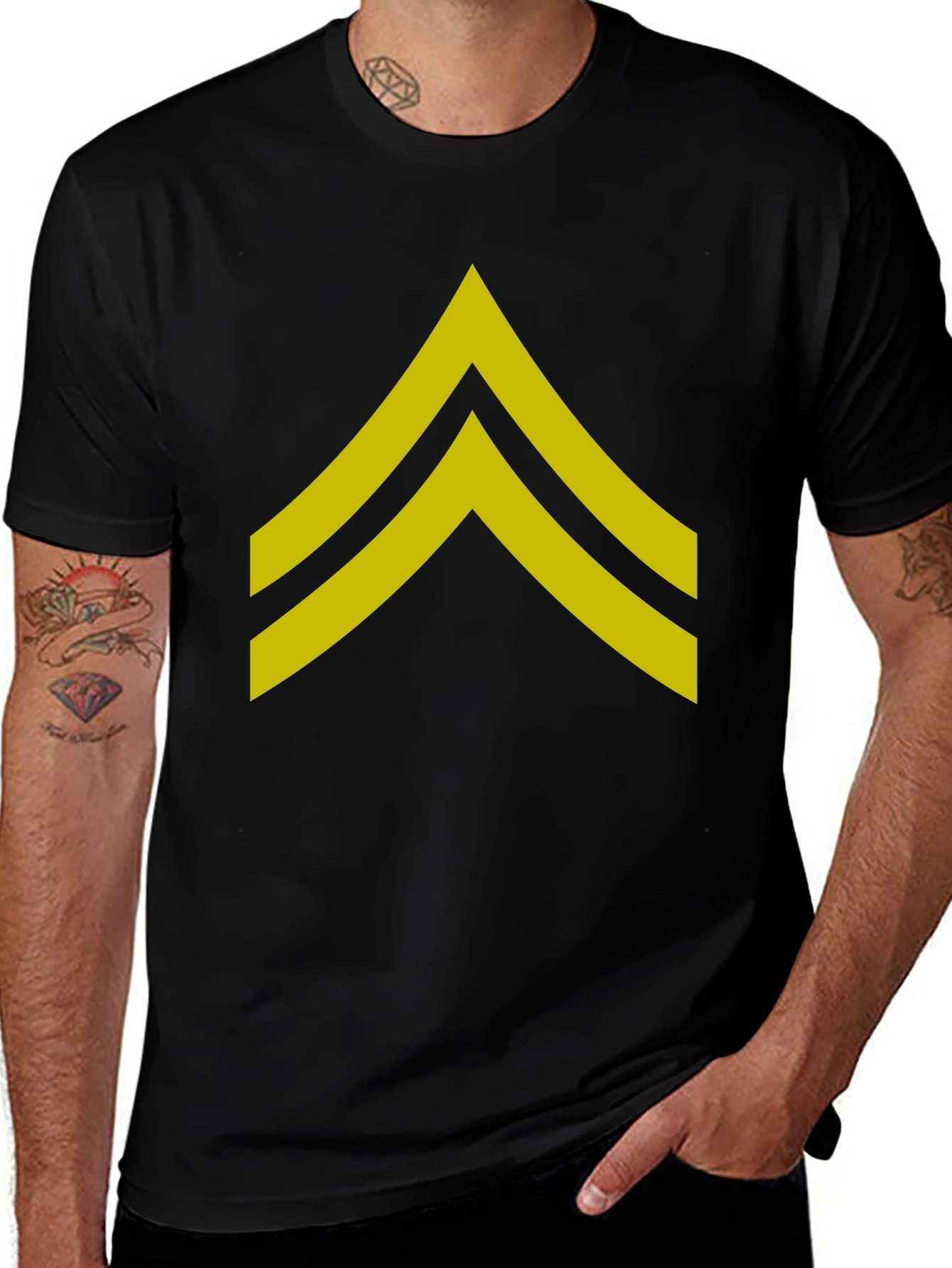 Variant 15 of Black T-Shirt with Yellow Sergeant Stripes Graphic