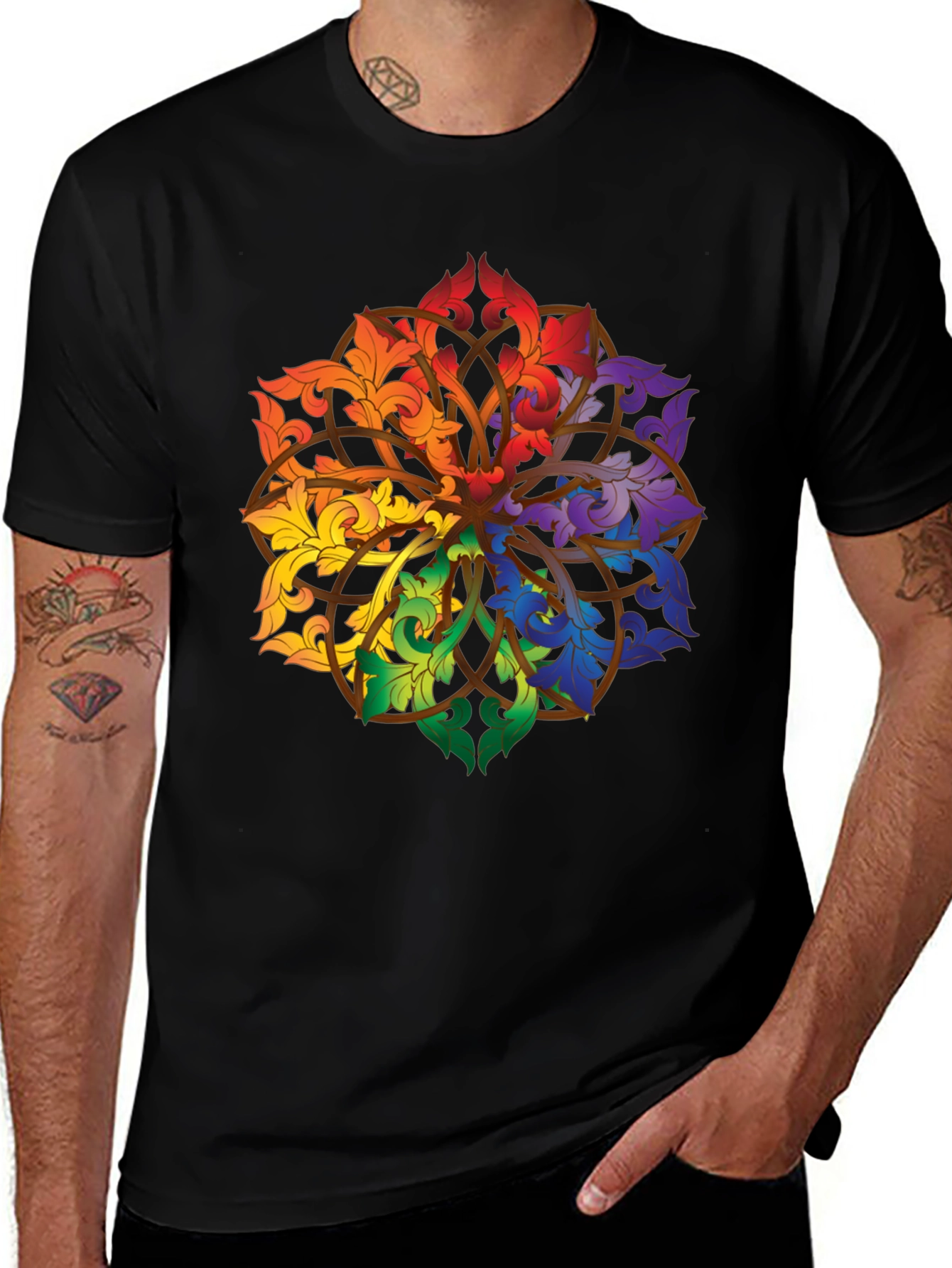 Variant 15 of Rainbow Floral Mandala Black T-Shirt
